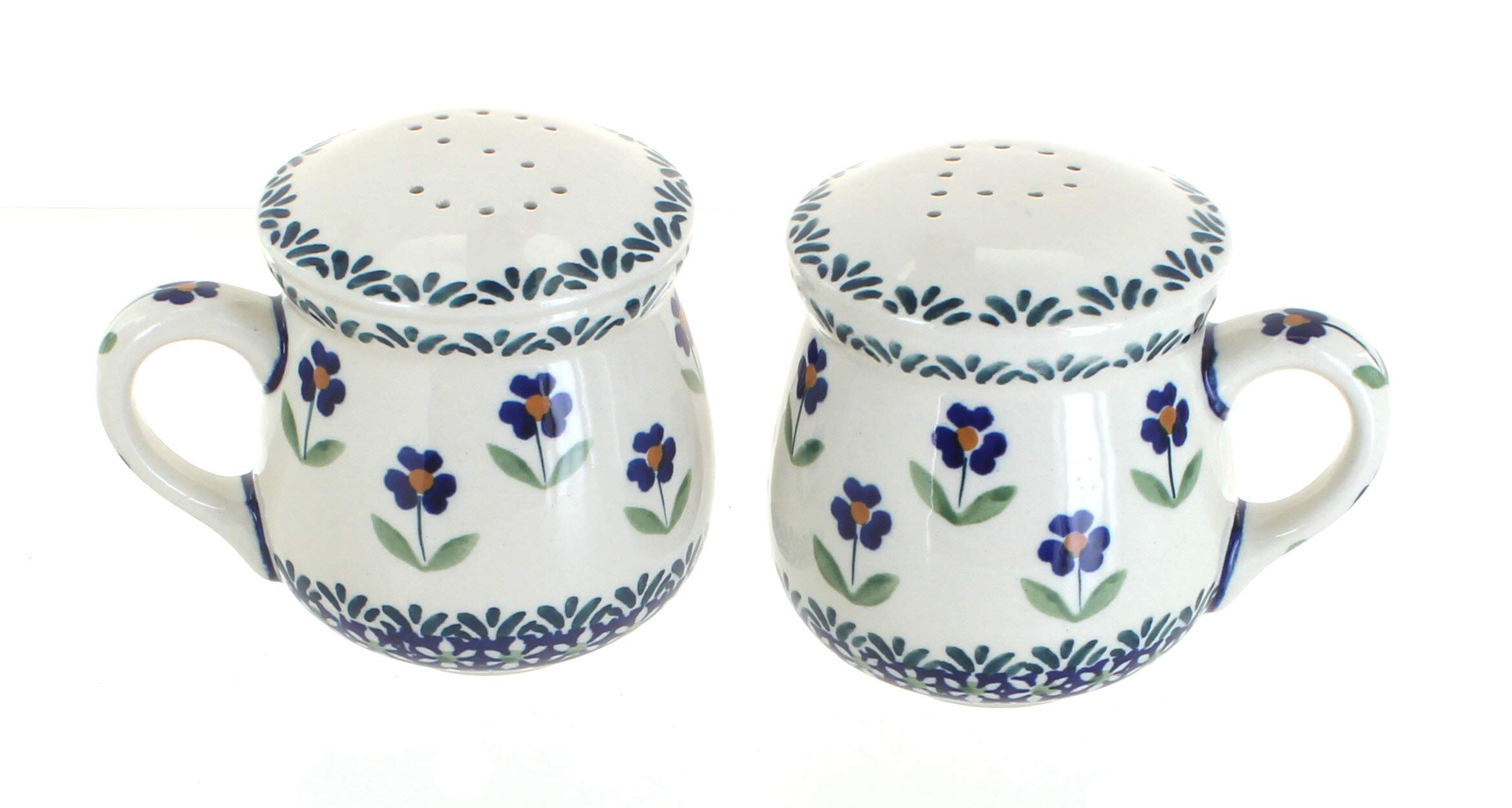 Handmade Blue Rose Polish Pottery Salt and Pepper Shakers with Daisy Design & Comfortable Handles - Perfect for Kitchen, Dining Table, and Gift Giving