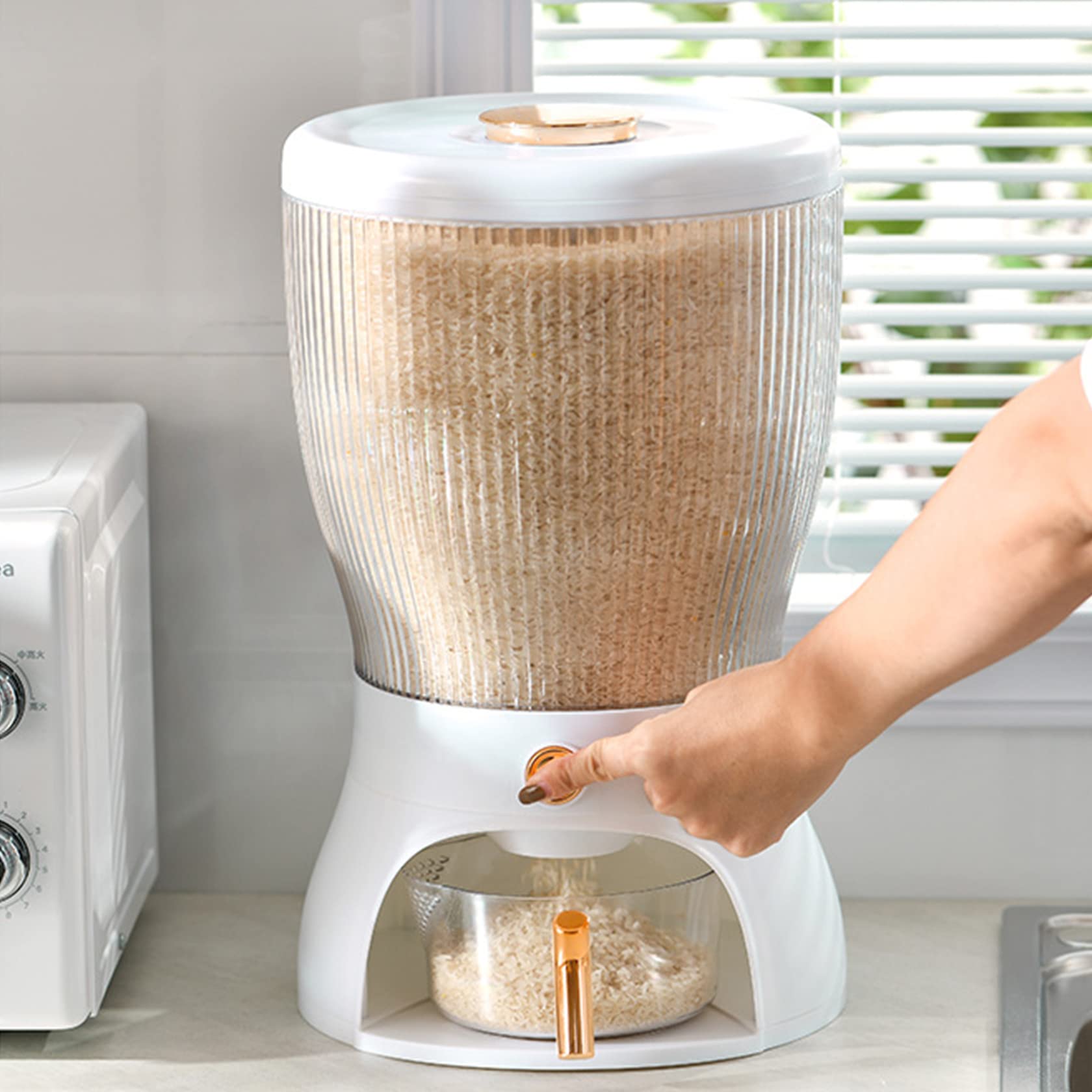NSMYOOK 10L Airtight Rice Storage Container with Lids - 4-Grid Rotating One-Click Dispenser for Grains, Coffee & Dry Food - Transparent Measurable Round Kitchen Organizer - Perfect for Pantry, Countertop & Bulk Food Storage