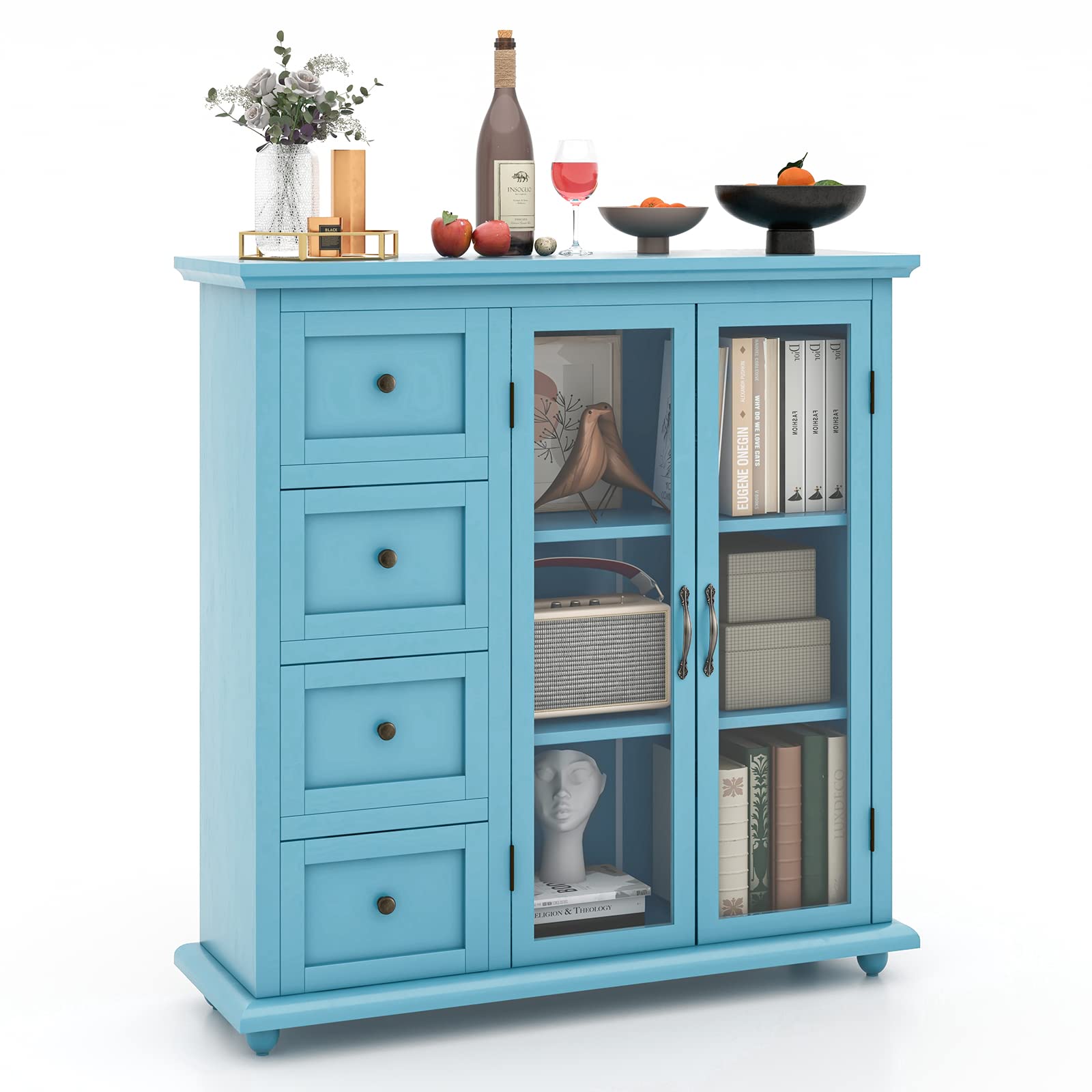 Blue Sideboard Buffet Cabinet with 4 Drawers & Glass Doors for Kitchen & Dining Room Storage