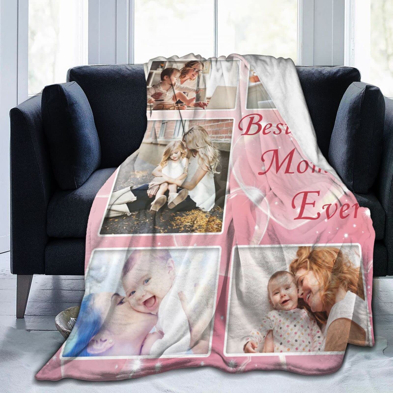 Best Mom Ever Custom Photo Blanket - Personalized Picture Blanket with 5 Photos - Thoughtful Gift for Mother's Day, Birthday, Christmas, Father's Day & New Year - Cozy Home Decor for Living Room, Bedroom & Special Occasions