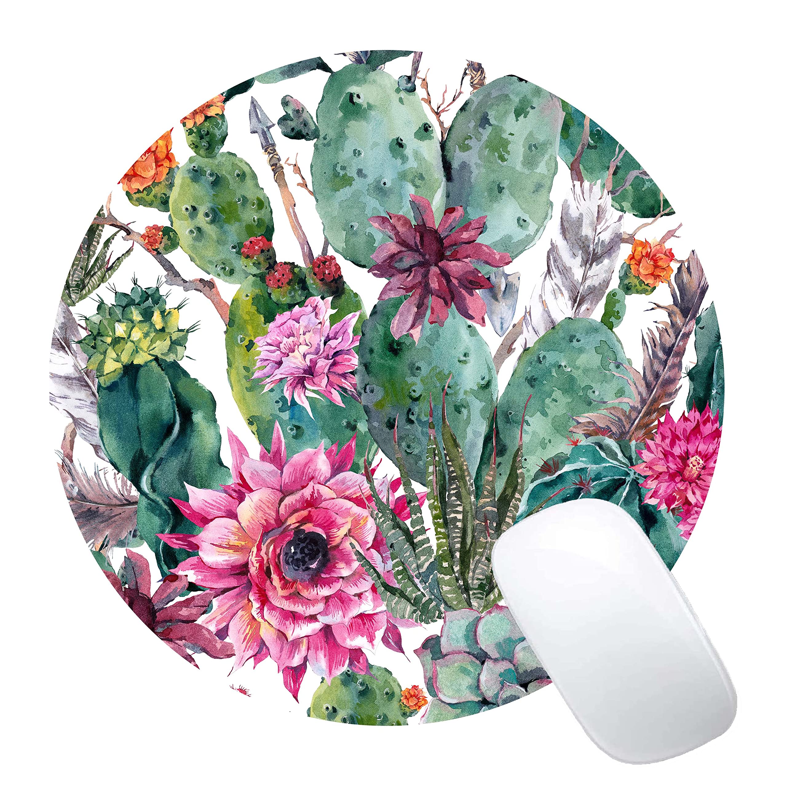 Succulent & Cactus Round Mouse Pad - Non-Slip Rubber Base, Portable Office Wireless Mouse Pad for Laptop - Perfect for Home, Office & Gaming Desks