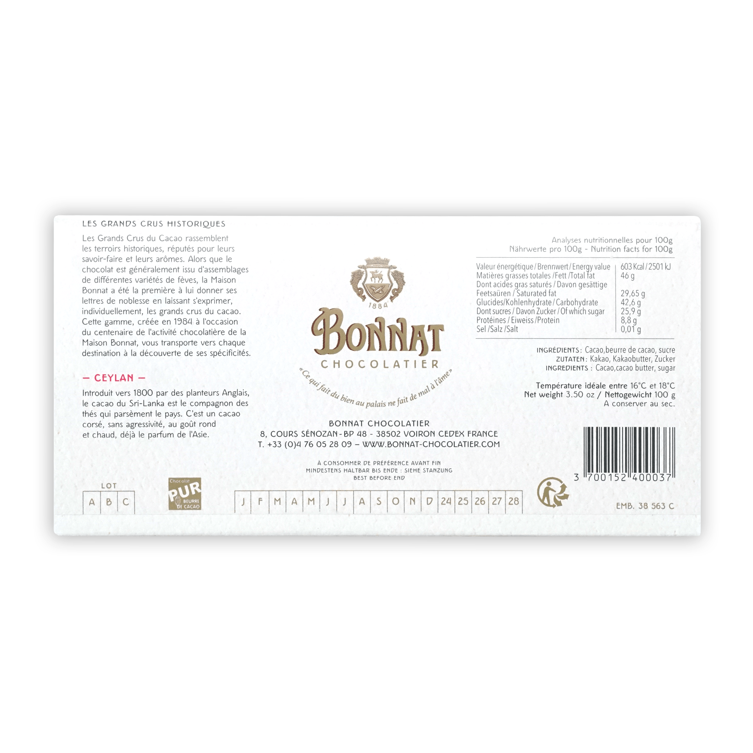 Premium Bonnat Ceylan Sri Lanka 75% Dark Chocolate Bar - Rich & Smooth Gourmet Chocolate for Baking, Gifting & Healthy Snacking