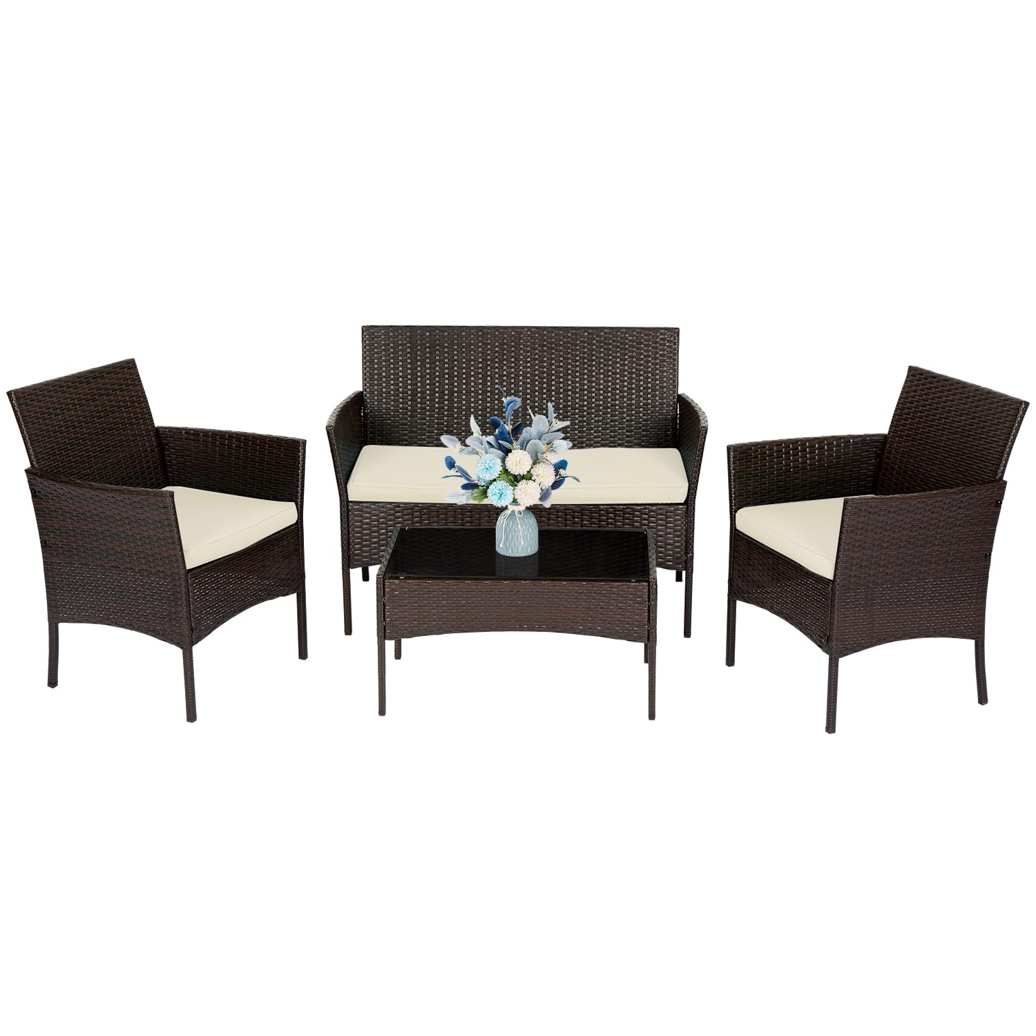 FDW 4-Piece Patio Furniture Set - Outdoor Rattan Wicker Sofa & Chairs, Garden Conversation Bistro Set for Yard, Deck or Poolside (Brown) | Perfect for Backyard Relaxation, Outdoor Dining & Entertaining Guests