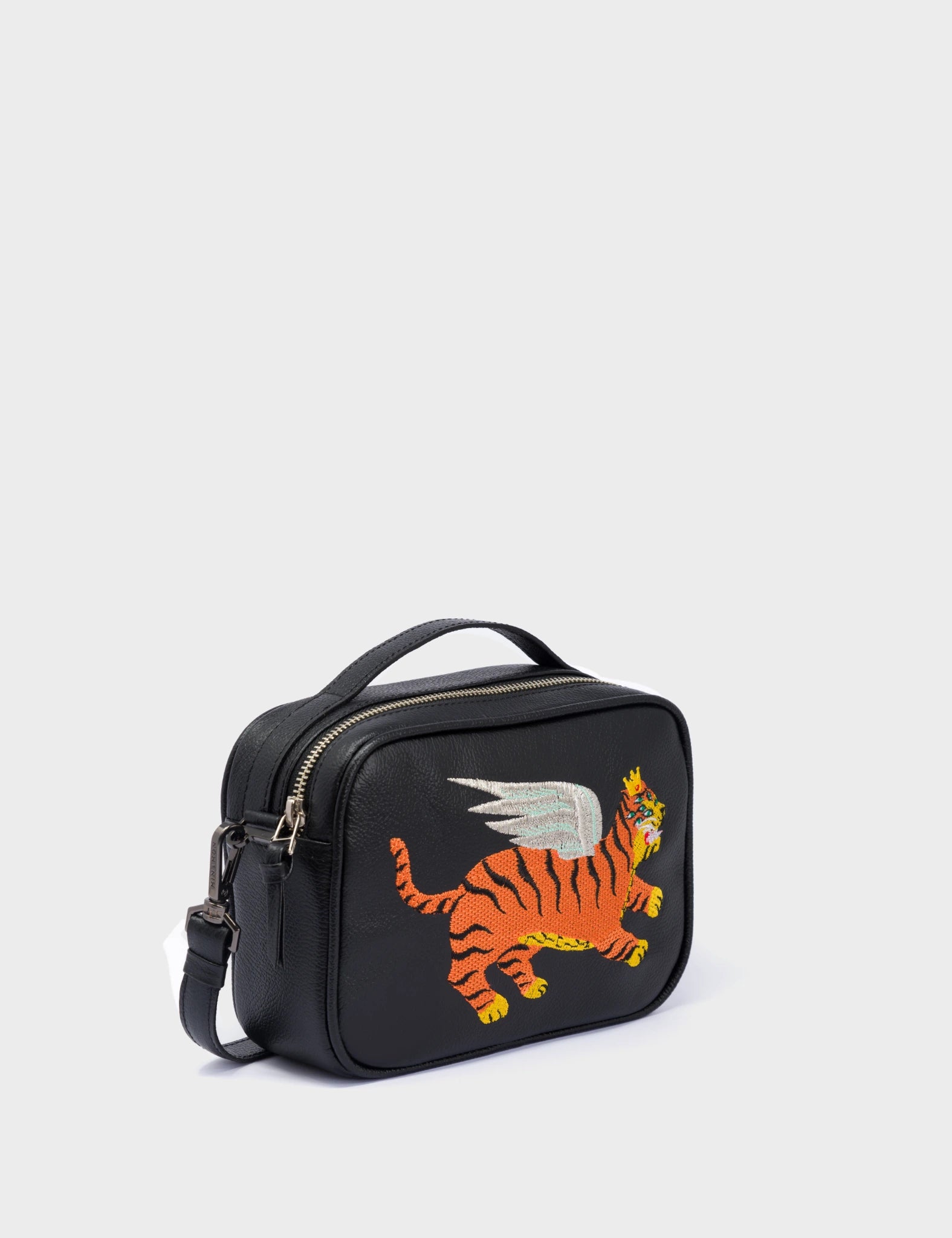 Verto Crossbody Bag for Women - Black Genuine Leather with Flying Tiger Embroidery - Fashionable Shoulder Purse for Daily Use, Travel & Shopping