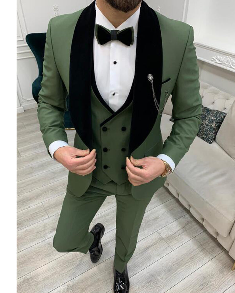 Army Green Wedding Tuxedo for Men | Slim Fit Prom Tuxedo with Black Shawl Lapel | Formal Evening Wear for Grooms, Prom, Black Tie Events (Style CB3615)