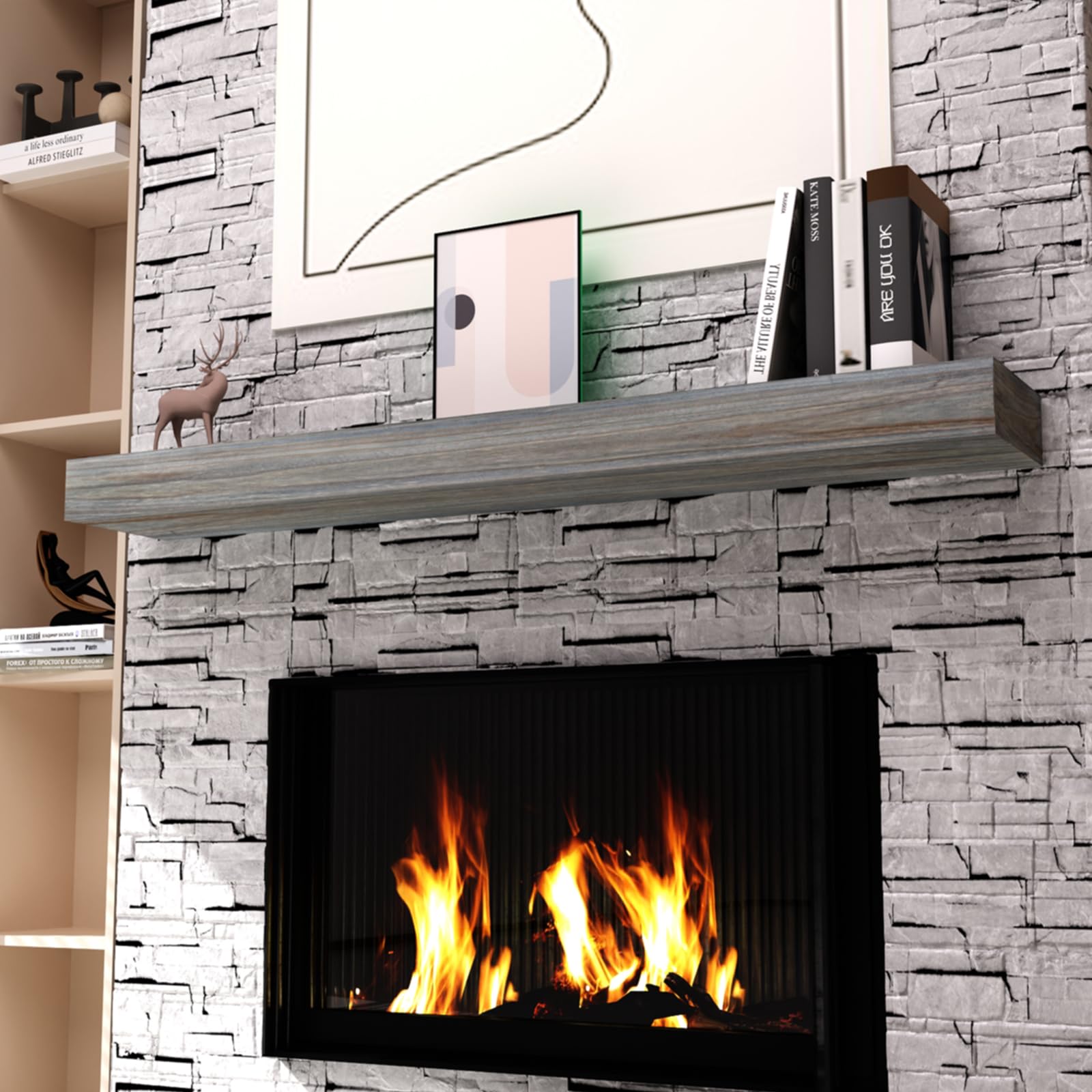 60 Inch Solid Wood Fireplace Mantel Shelf - Wall Mounted Floating Shelf for Living Room, Bedroom & Office - Rustic Grey Hollow Design - Perfect for Decor, Books & Display