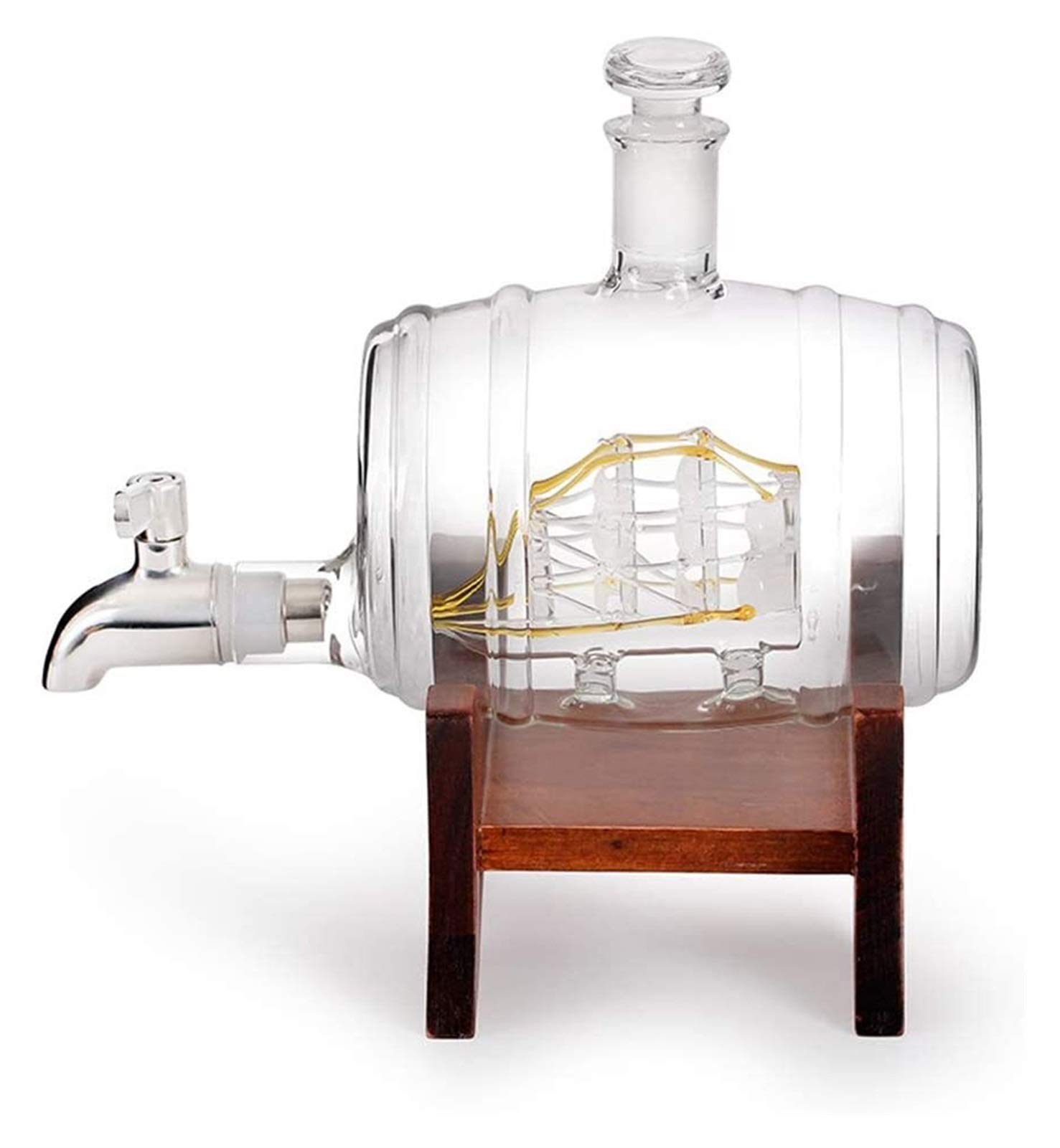 Premium 1000ml Whiskey Decanter with Wooden Barrel & Ship Design - Elegant Liquor Dispenser for Bourbon, Scotch & Wine - Perfect Nautical Decor & Unique Gifts for Men, Women, Retirement, Sailing & Boating Enthusiasts - Ideal for Home Bars, Yacht Parties & Special Occasions