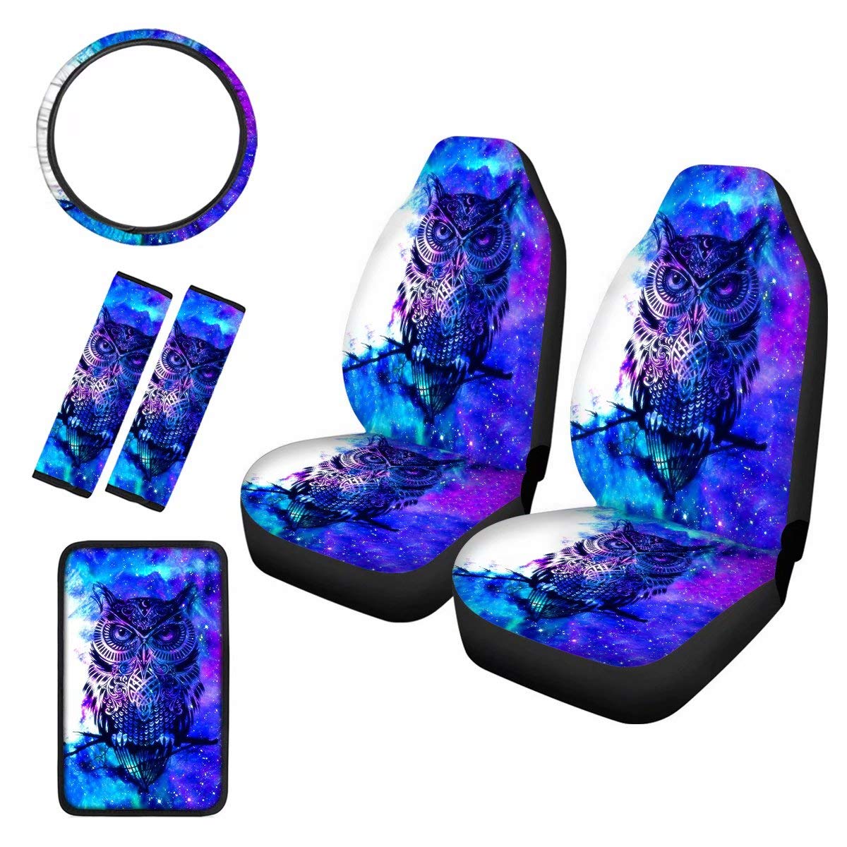 Universal Car Seat Covers Set with Seat Belt Pads & Steering Wheel Cover - Galaxy Owl Print Auto Interior Protector (6-Piece) for SUV, Sedan, Truck - Perfect for Road Trips & Daily Commute