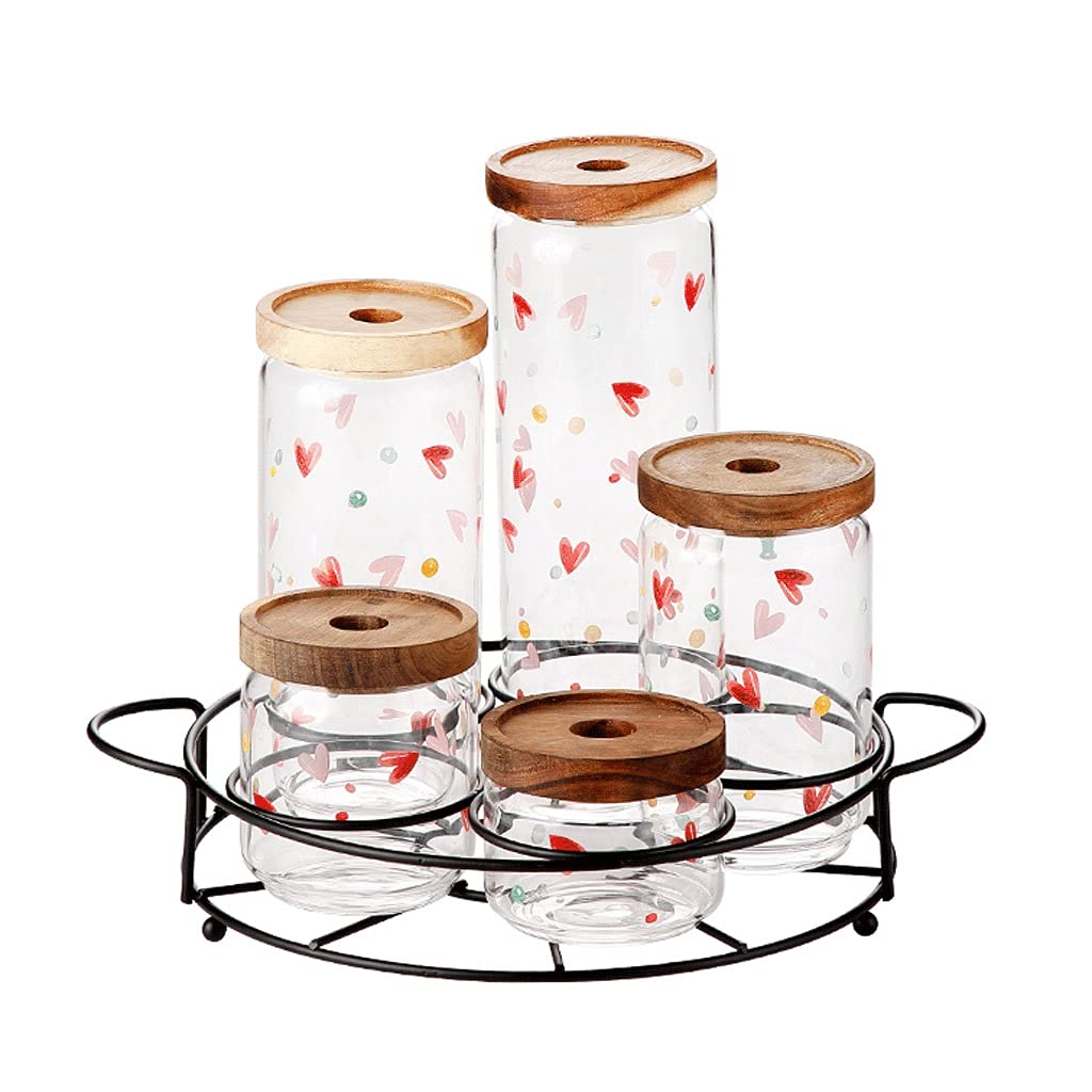 Glass Food Storage Containers with Airtight Wooden Lids - 5-Piece Stackable Spice Jars Set with Iron Frame - Kitchen Organizer for Coffee Beans, Spices, Herbs & Dry Goods - Perfect for Pantry, Countertop & Home Organization