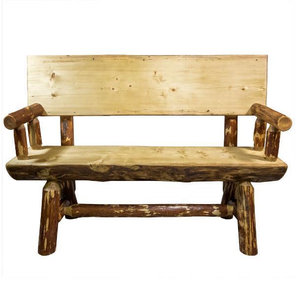 Glacier Country Half Log Bench with Back & Arms - Rustic Outdoor Wooden Seating for Garden, Patio & Backyard Relaxation