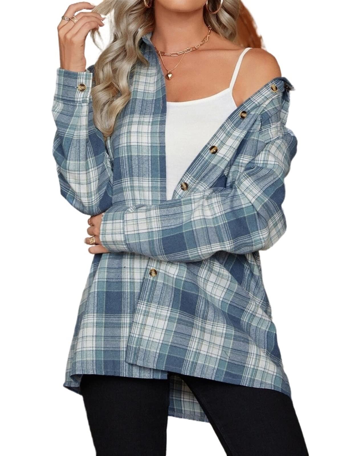 TINMIIR Women's Drop Shoulder Plaid Blouse - Button Front Long Sleeve Shirt with Pocket | Casual Office Wear & Fall Fashion Outfit