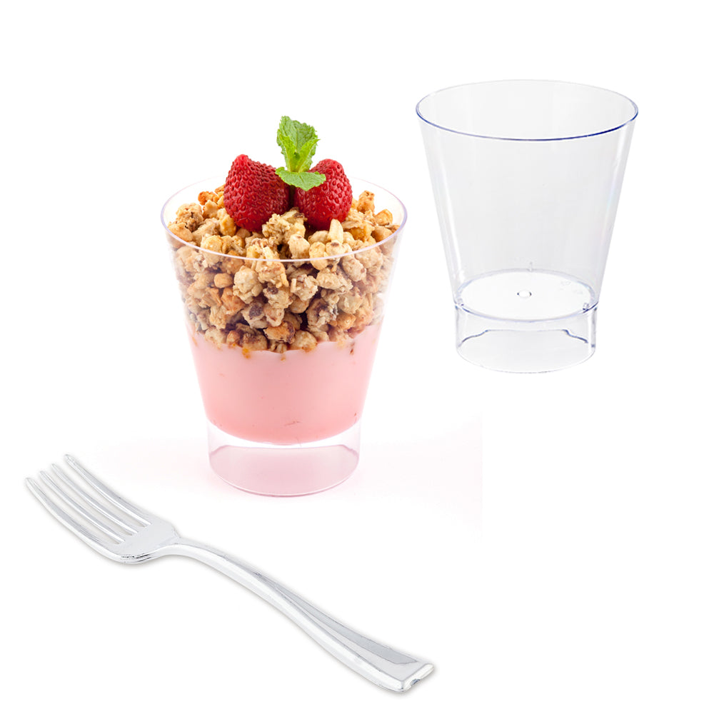 100-Pack 7 oz Clear Plastic Parfait Glasses with 100 Silver Mini Forks - Perfect for Dessert Parties, Ice Cream Sundaes & Yogurt Parfaits