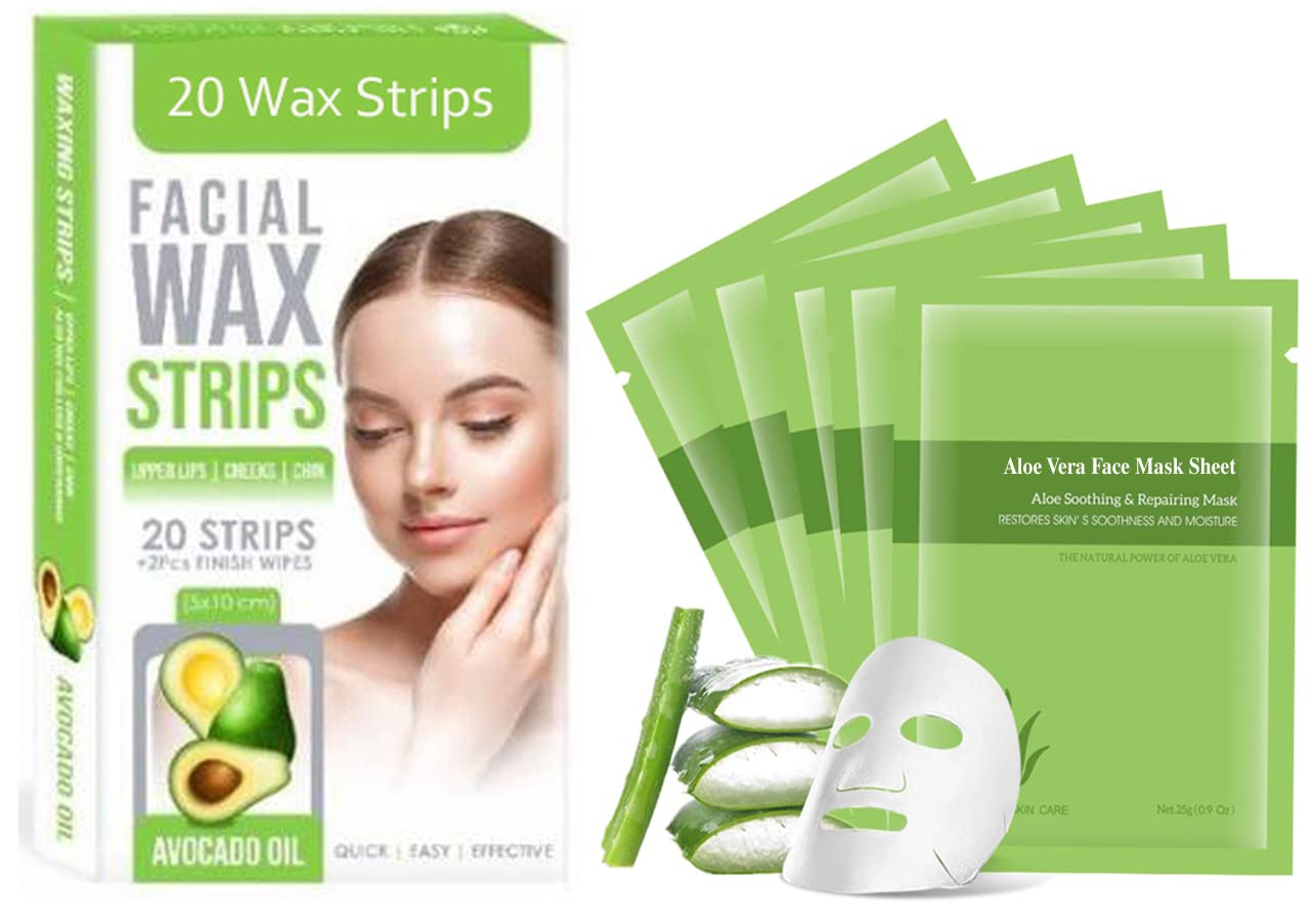 20Pcs Wax Strips for Facial Hair Removal - Upper Lip, Cheek & Eyebrow Hair Remover for Women | All Skin Types | Includes 2Pcs Aloe Vera Face Mask | At-Home Salon Smooth Skin Care