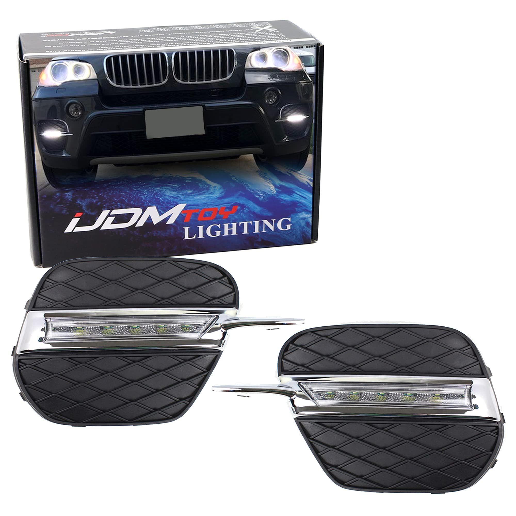iJDMTOY Xenon White LED Daytime Running Lights for 2011-2013 BMW X5 E70 LCI - OEM Fit DRL Bezel with 9 High-Power LEDs per Lamp - Perfect for Enhanced Visibility & Style Upgrade