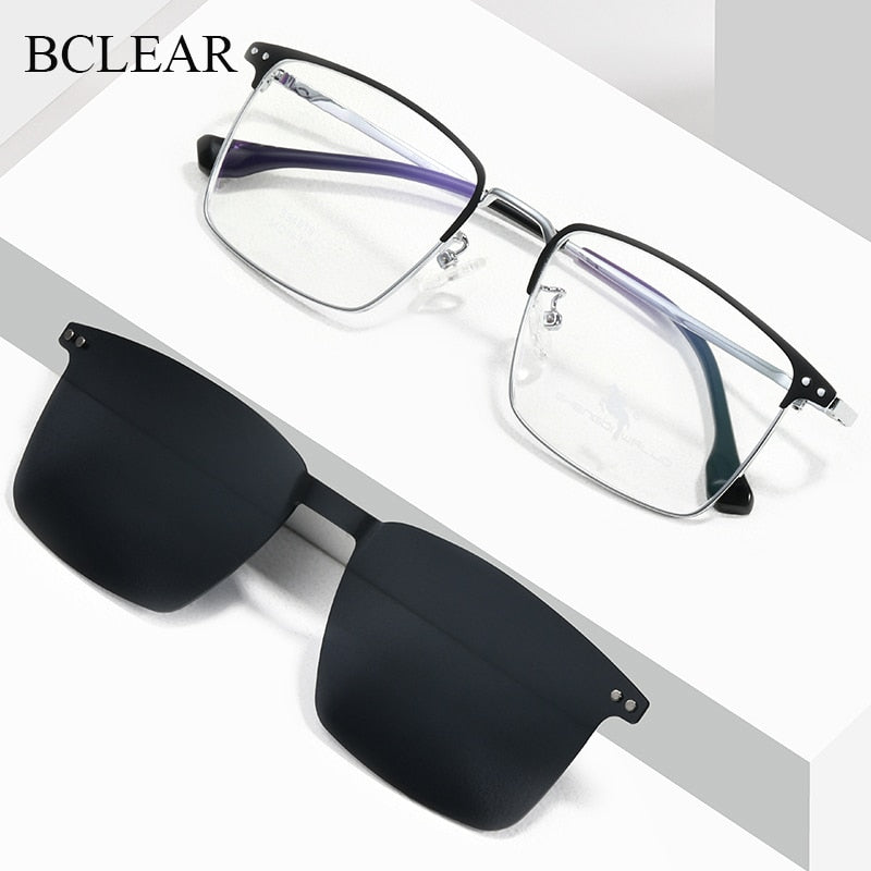 Bclear Men's Full Rim Square Alloy Frame Eyeglasses with Clip-On Polarized Sunglasses ZT94016 - Stylish Prescription Glasses & UV Protection for Driving, Outdoor Activities