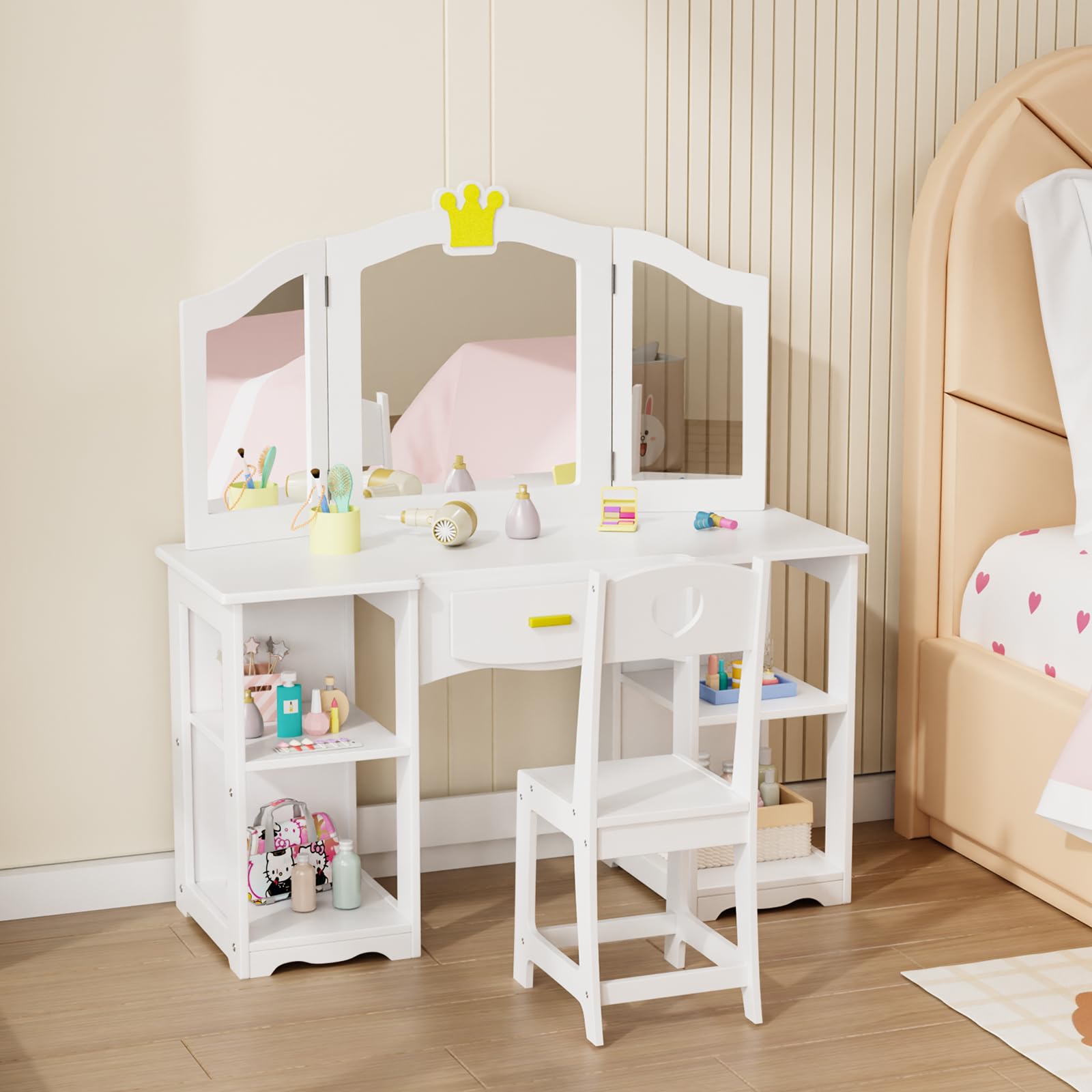 JOYMOR Kids Vanity Table and Chair Set - 2-in-1 Princess Vanity with Tri-Folding Mirror & Storage Cabinet | Perfect Birthday & Holiday Gift for Girls | White | Ideal for Bedroom, Playroom & Pretend Play