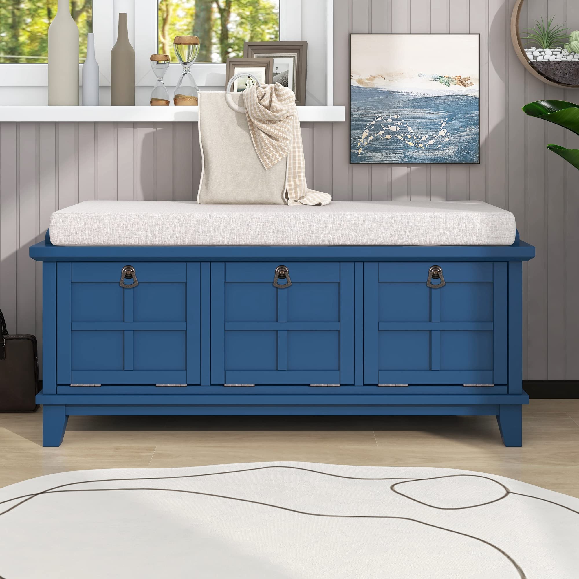 Merax Upholstered Storage Bench with 3 Drop-Down Doors - Entryway Shoe Bench with Removable Cushion for Hallway, Living Room - Easy Assembly Required | Perfect for Small Space Organization & Entryway Decor