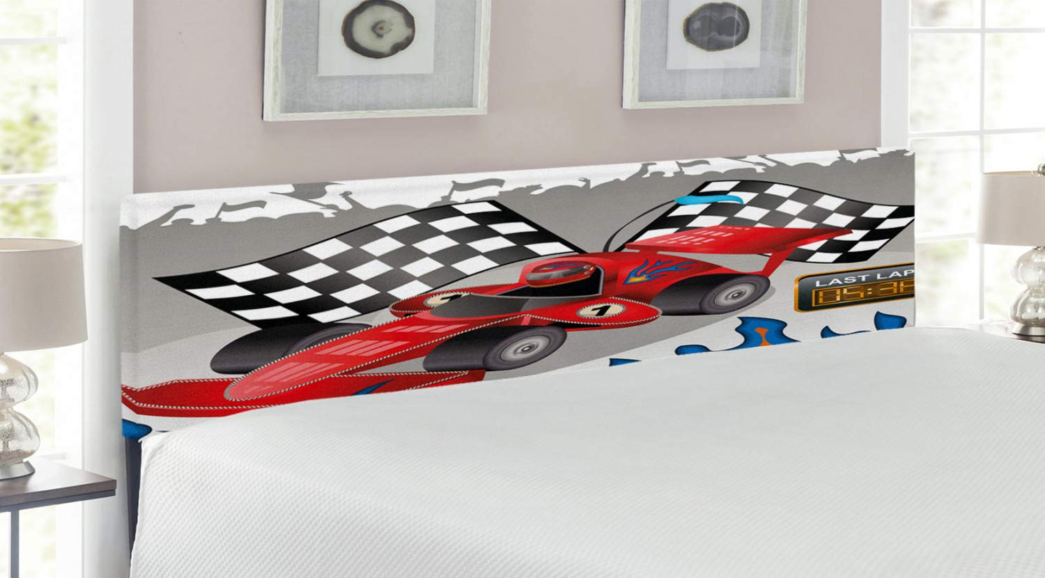 Lunarable Cars Headboard - King Size Upholstered Metal Bed Headboard with Memory Foam, Race Car Finish Line Flags & Abstract Print - Perfect for Boys' Bedroom, Racing Theme Decor & Modern Home Design