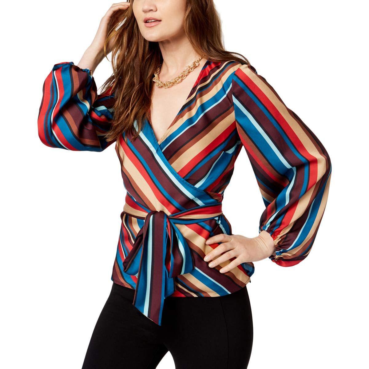 INC Women's Striped Bubble Sleeve Side Zip Wrap Blouse - Casual & Office Wear - Perfect for Work, Date Night & Special Occasions