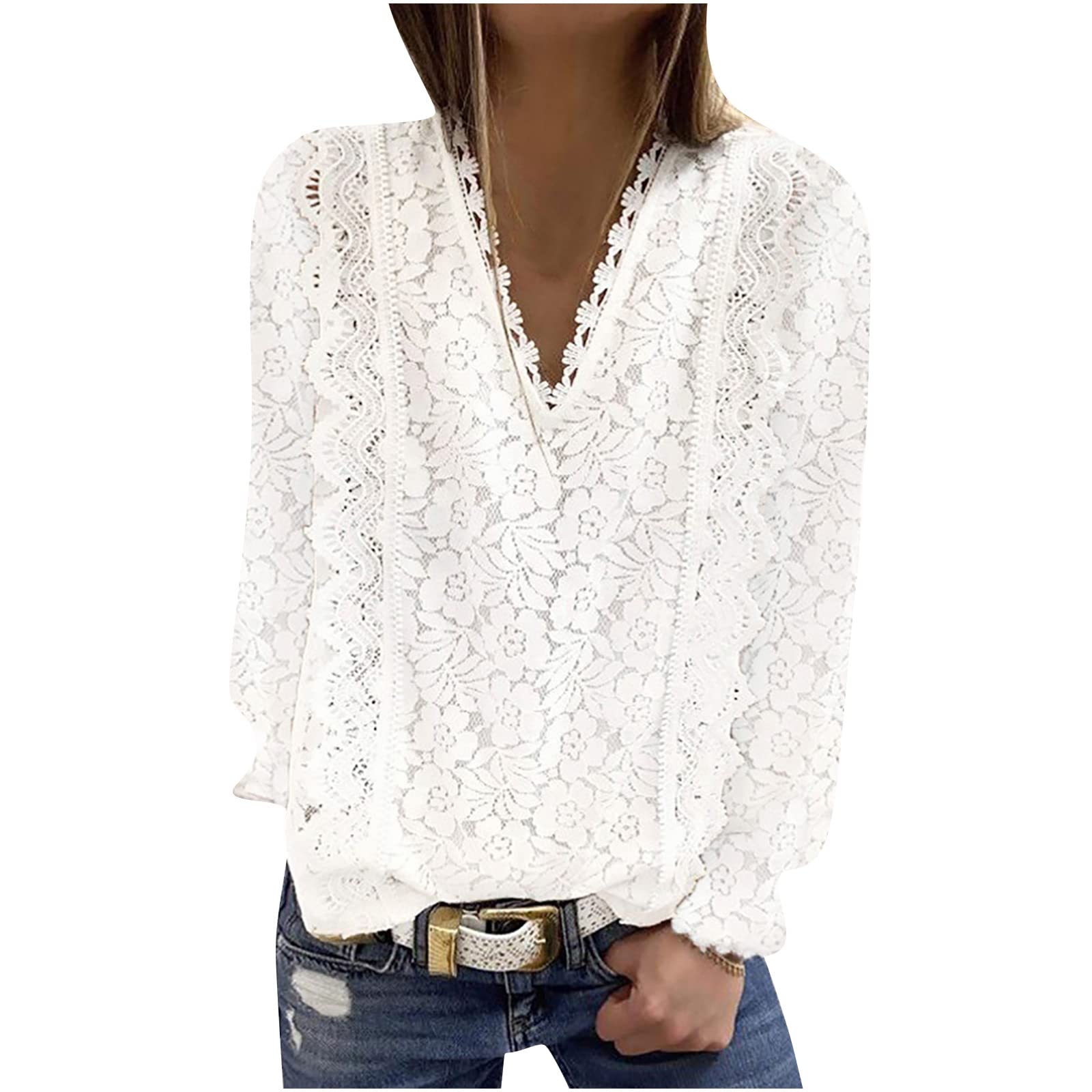 Women's Sexy V Neck Lace Blouse - Trendy Long Sleeve Crochet Boho Top - Elegant Floral Lace T-Shirt Pullover for Casual Wear, Date Night & Special Occasions