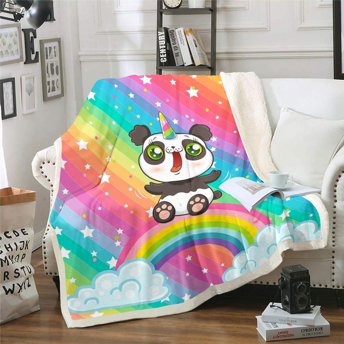 Soft Kids Panda Fleece Throw Blanket - Cute Animal Pattern Plush Blanket for Bed, Couch & Sofa - Sherpa Fuzzy Blanket with Rainbow Stripes & Stars - Queen Size 90x90 Inches - Perfect for Kids' Room Decor, Nap Time & Cozy Movie Nights