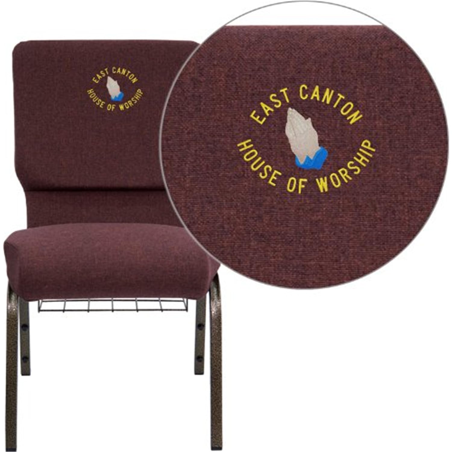 Flash Furniture Hercules Series Embroidered Fabric Church Chair - Thick Padded Seat with Communion Cup & Book Rack - Durable Frame for Churches, Chapels & Event Venues