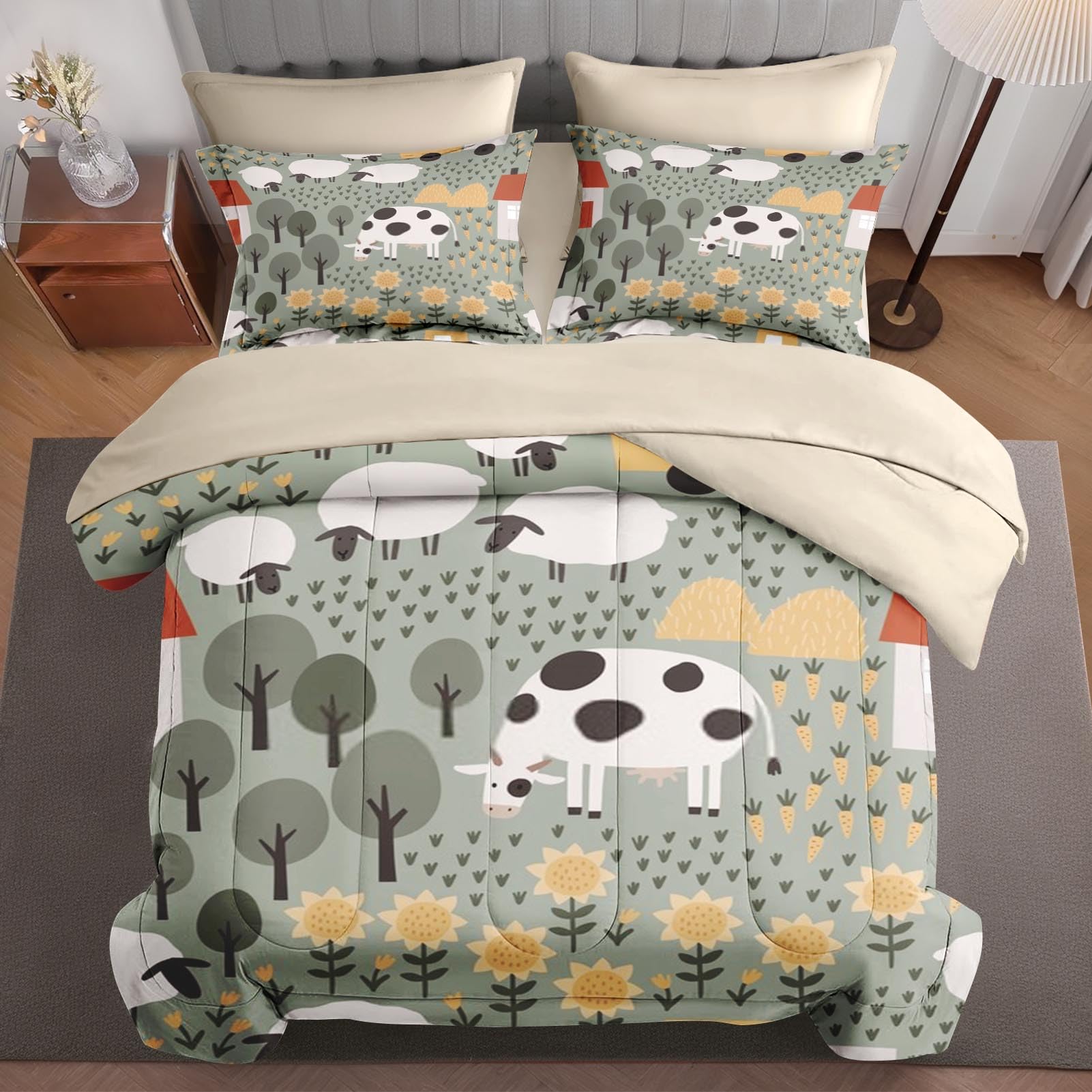 5-Piece Twin Size Comforter Set - Cute Farm Animal Bed in a Bag with Flat Sheet, Fitted Sheet & Pillowcase - Boho Chic Bedding for Kids & Adults - Perfect for Nursery, Dorm Room or Guest Bedroom