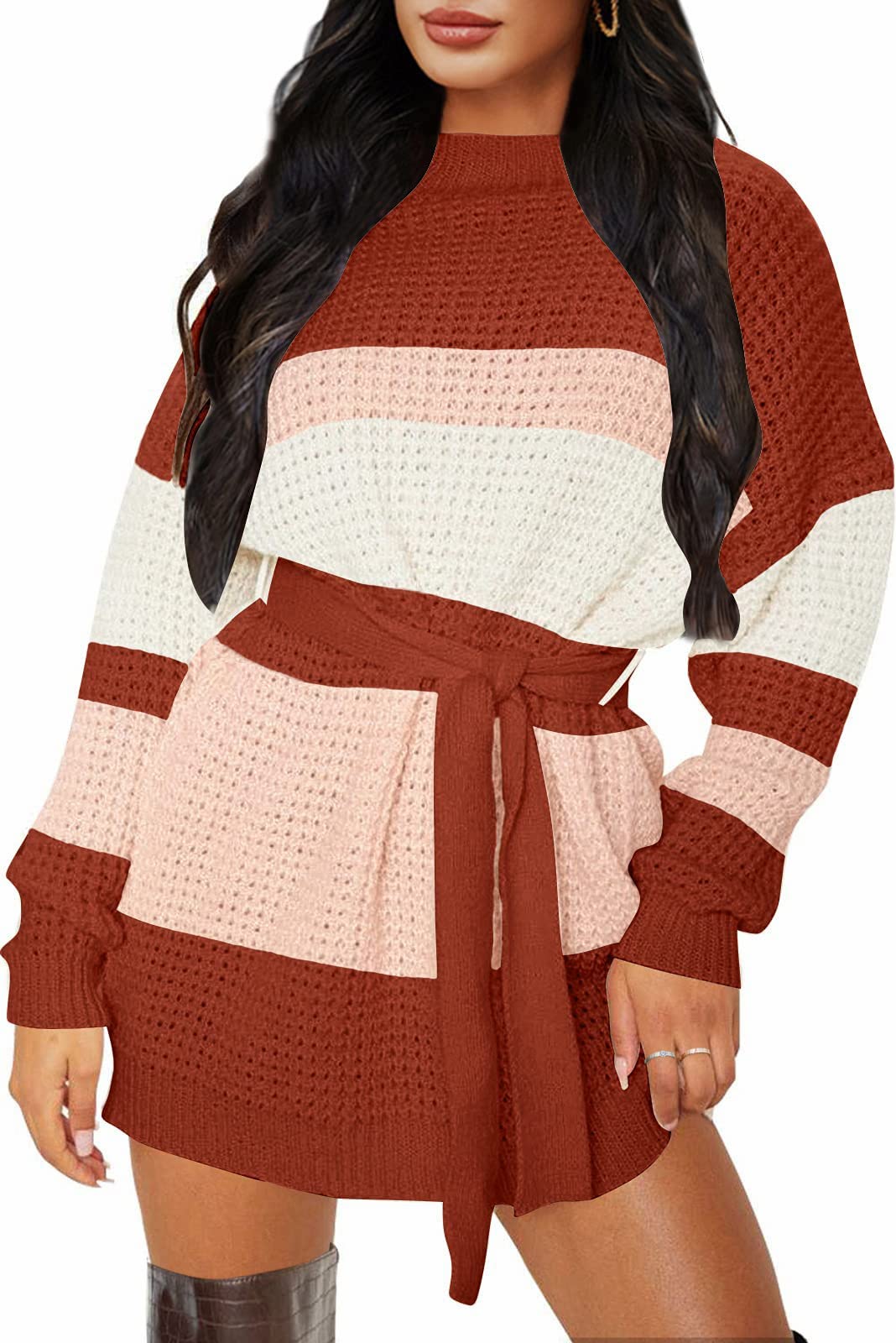 ZESICA Women's Long Sleeve Waffle Knit Tie Waist Tunic Sweater Dress - Casual Winter Pullover for Office, Date Night & Holiday Outfits
