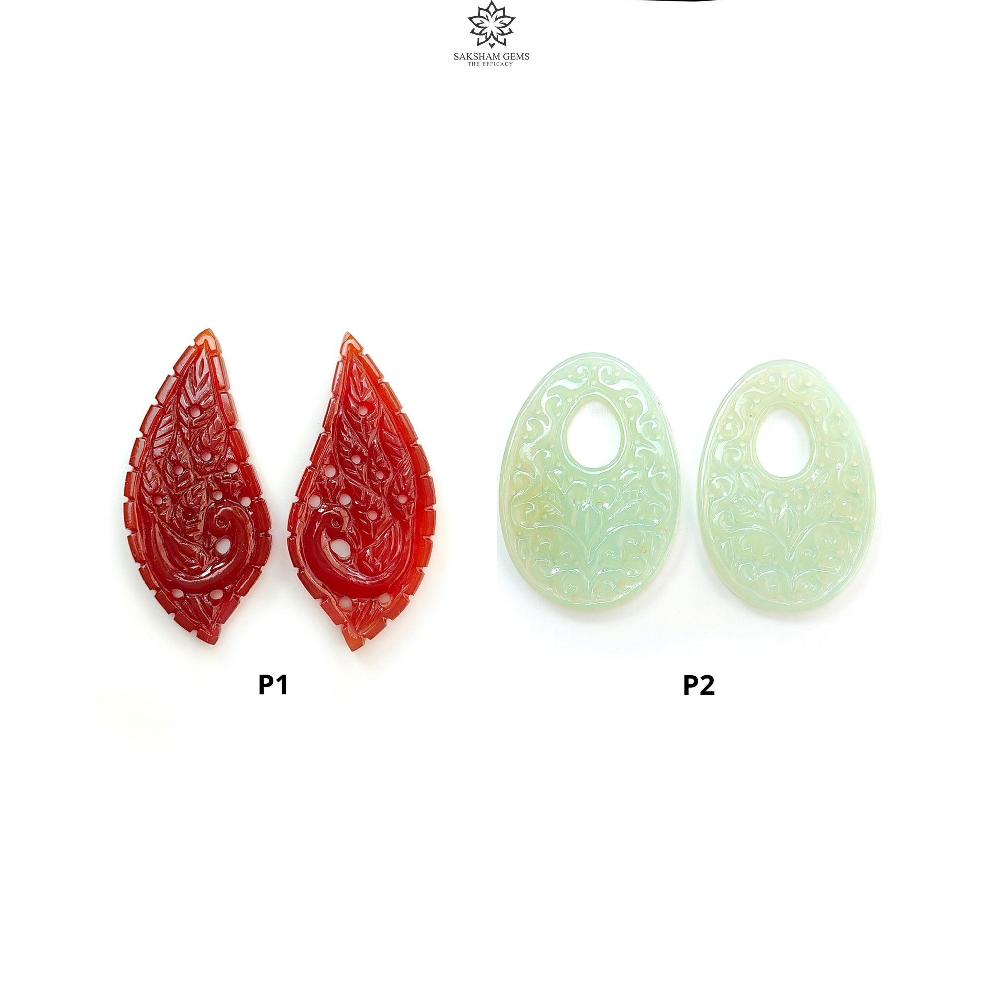 Natural Green & Orange Onyx Gemstone Carving - Handcrafted July Birthstone Jewelry Pair in Egg Shapes | Perfect for Necklace Pendants, Earrings & Gift Giving