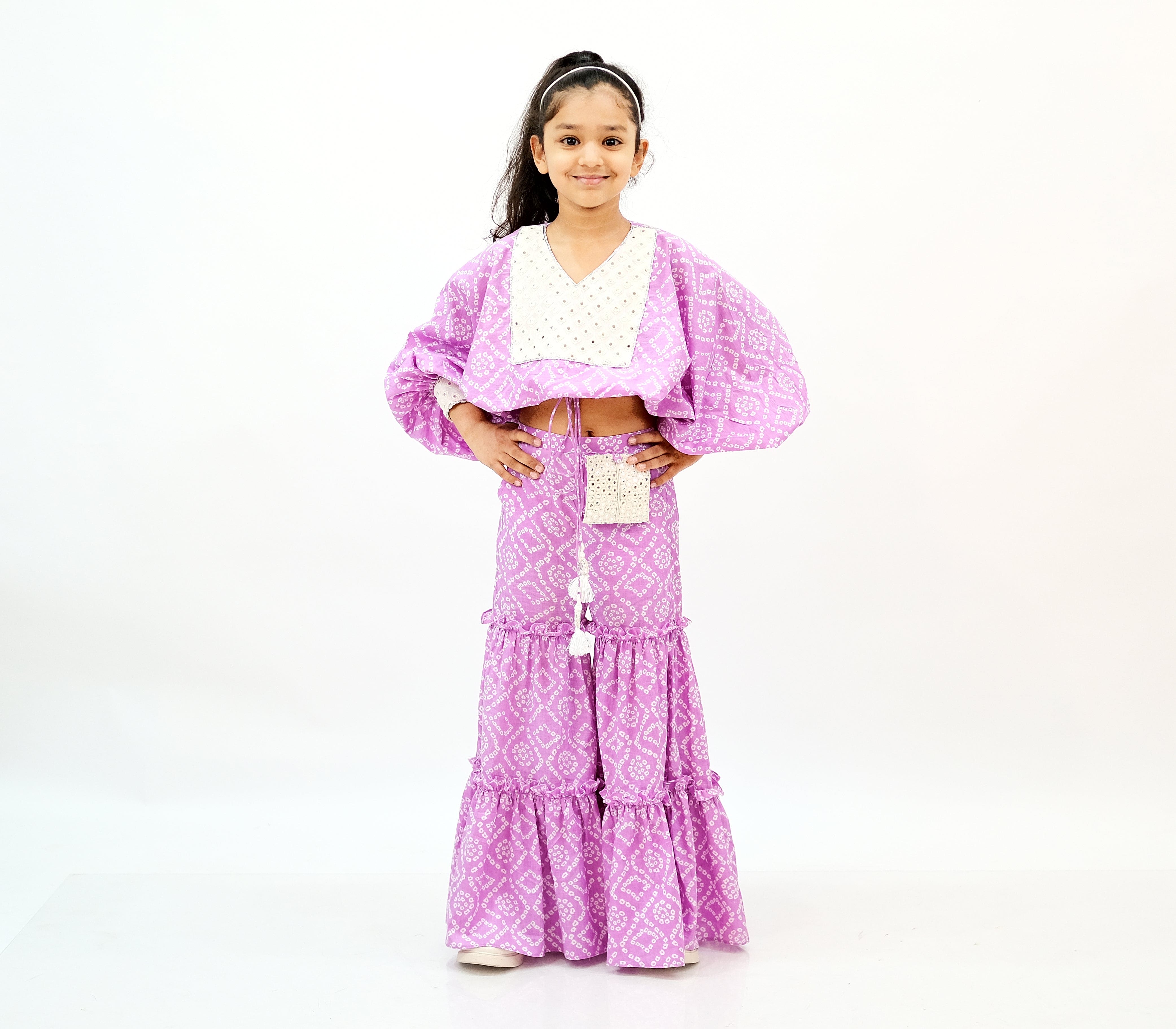 Pre Order: Elegant Lavender Bandhej Sharara Set with Kaftan Balloon Top - Perfect for Weddings, Festivals & Special Occasions