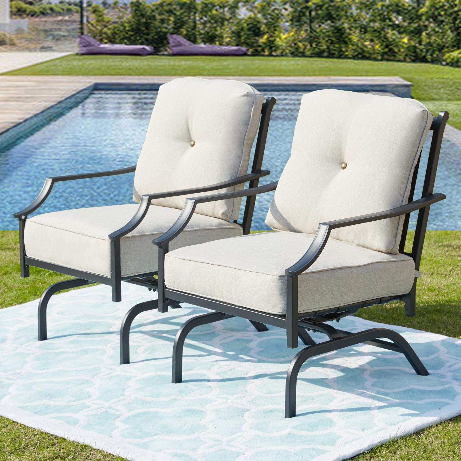 Premium Black Metal Rocking Patio Chairs with Padded Cushions - Outdoor Spring Motion Bistro Set for Porch, Garden, Balcony & Backyard Relaxation