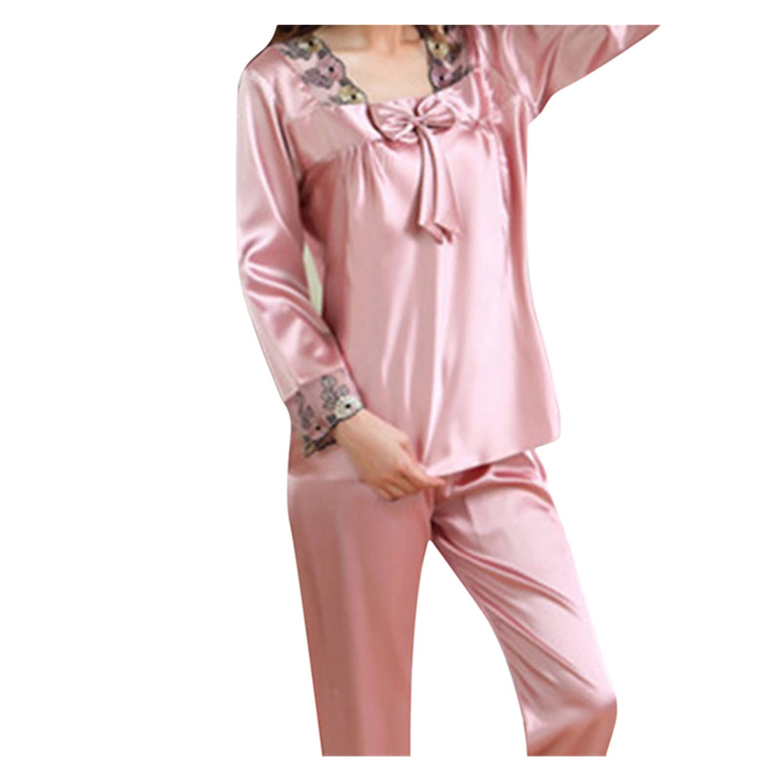 WSSBK 2-Piece Women's Autumn Sleepwear Set - Faux Silk Satin Pajamas with Long Sleeves - Cozy Homewear for Women (Pink, Size L) - Perfect for Lounging, Sleepovers & Relaxing Evenings