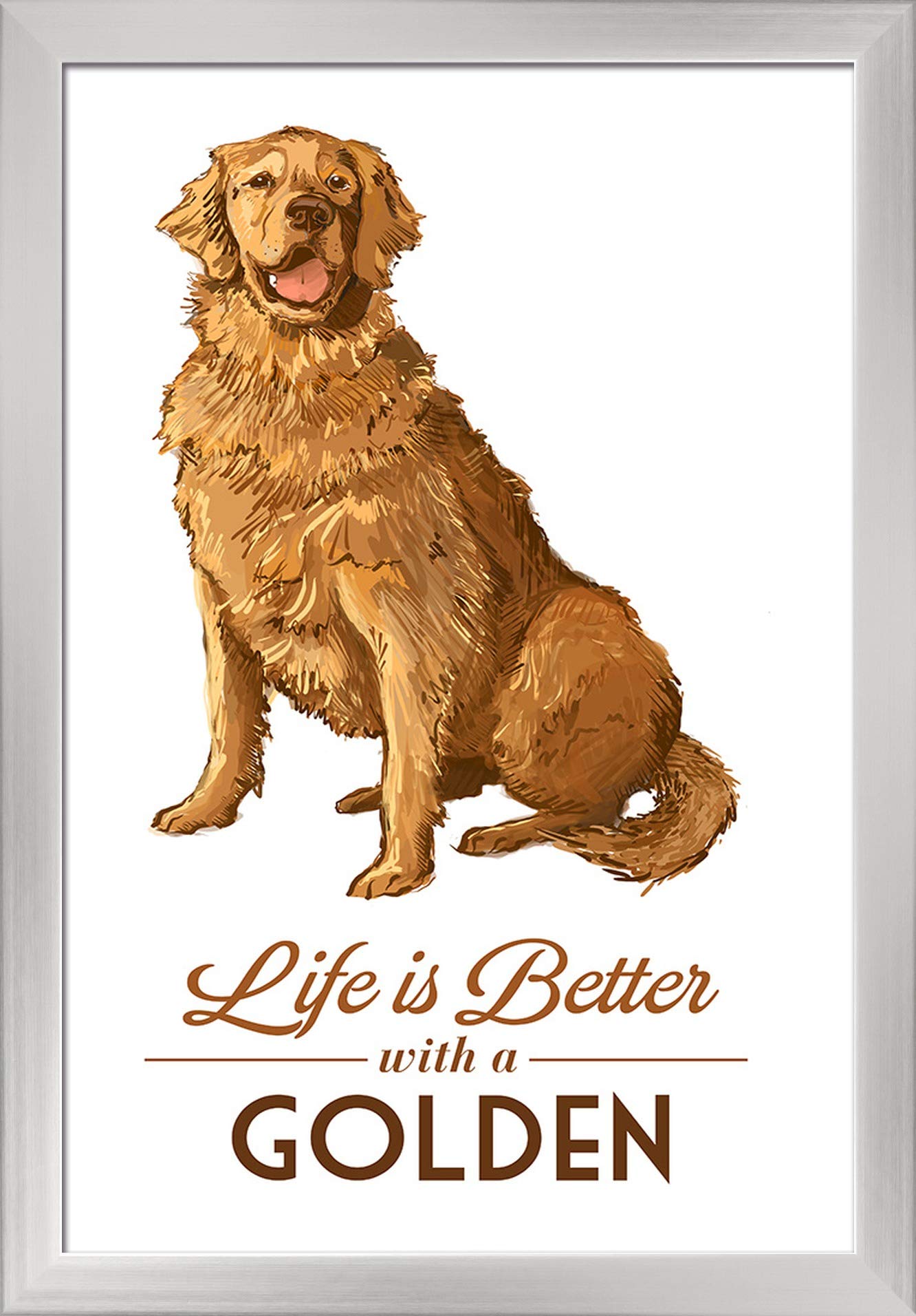 Golden Retriever Line Drawing Art Print - 16x24 Inch Giclee Fine Art with Recycled Wood Frame in Silver - Perfect for Living Room, Bedroom & Office Decor