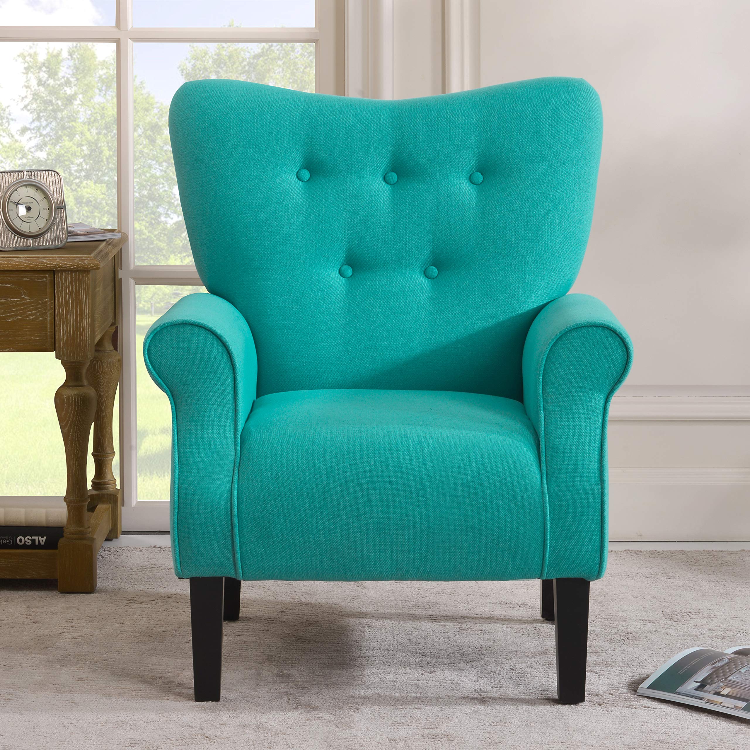 Modern Accent Chair with Roll Arms & Wooden Legs - Linen Upholstered Living Room Seating in Mallard Teal | Perfect for Home Office, Reading Nook & Lounge Decor