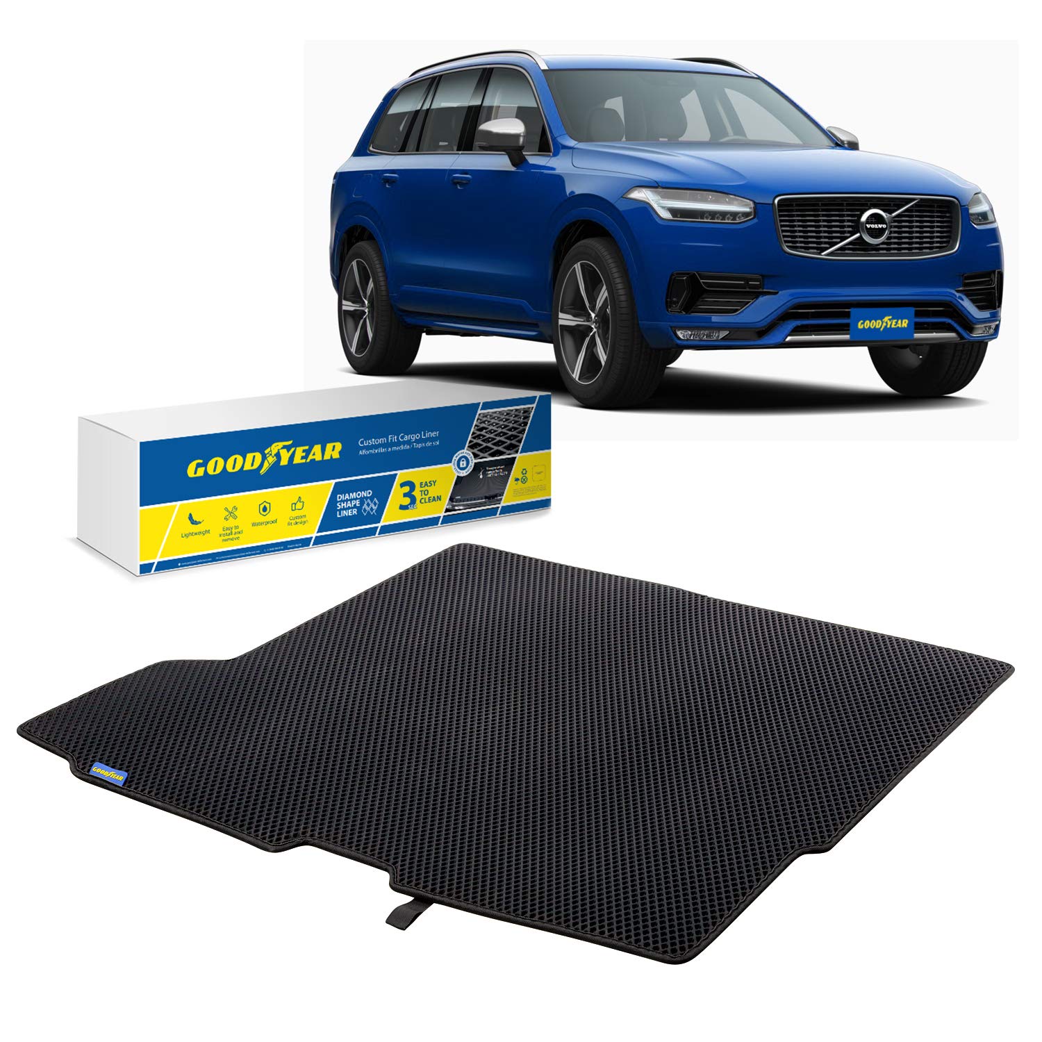 Goodyear Custom Fit Cargo Mat Liner for Volvo XC90 2016-2022 - Heavy Duty Waterproof Trunk Liner with Anti-Slip Diamond Pattern - Protects Against Spills, Dirt & Scratches - Perfect for SUVs, Road Trips & Family Adventures (Model GY004646)