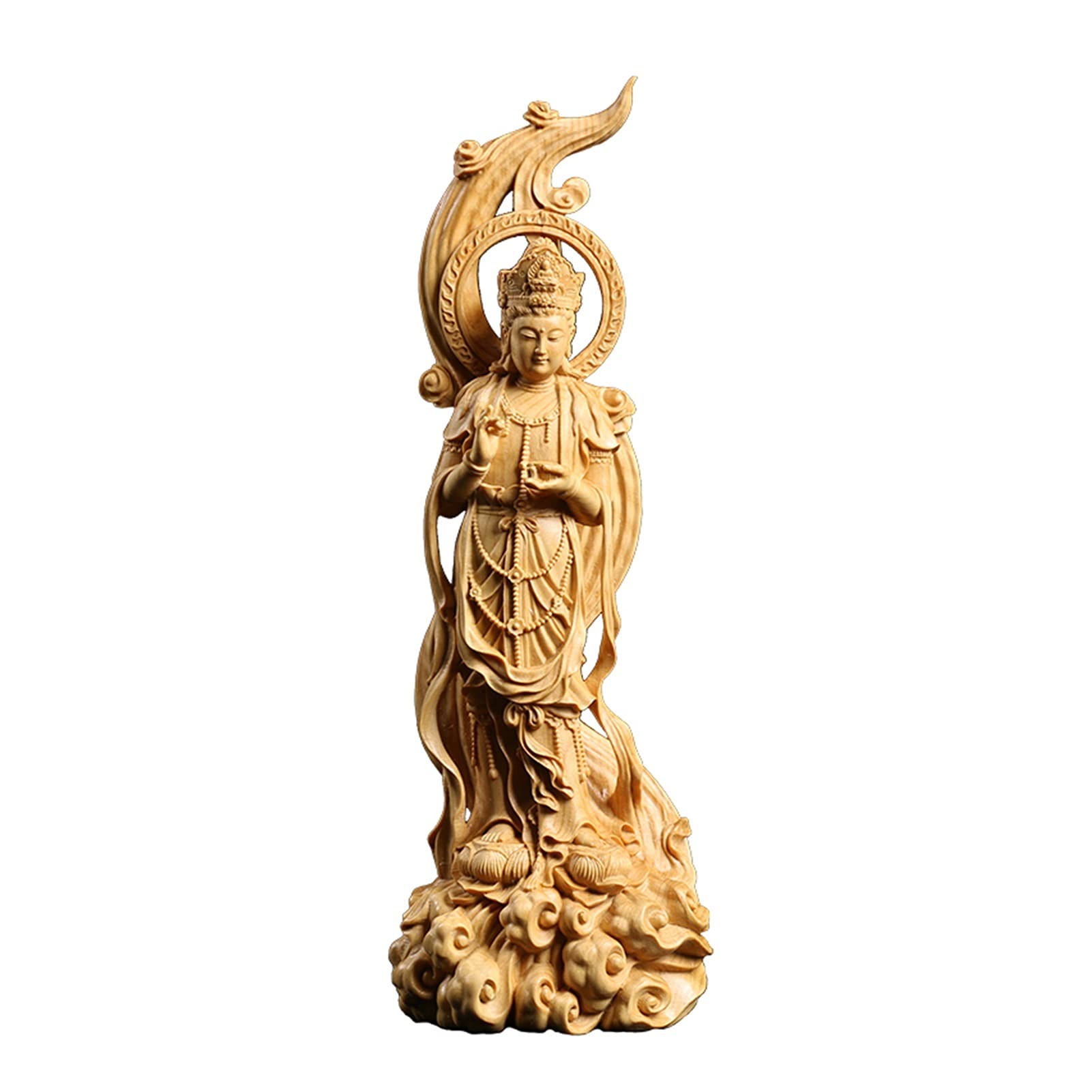 Hand-Carved Boxwood Buddha Statue - Feng Shui South Sea Guanyin Sculpture for Home & Living Room Decor | Spiritual Meditation & Worship Altar Centerpiece