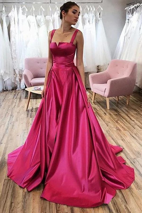 Fuchsia A-Line Long Prom Dresses with Straps - Elegant Satin Evening Gown TP1044 for Homecoming, Formal Dances & Special Occasions