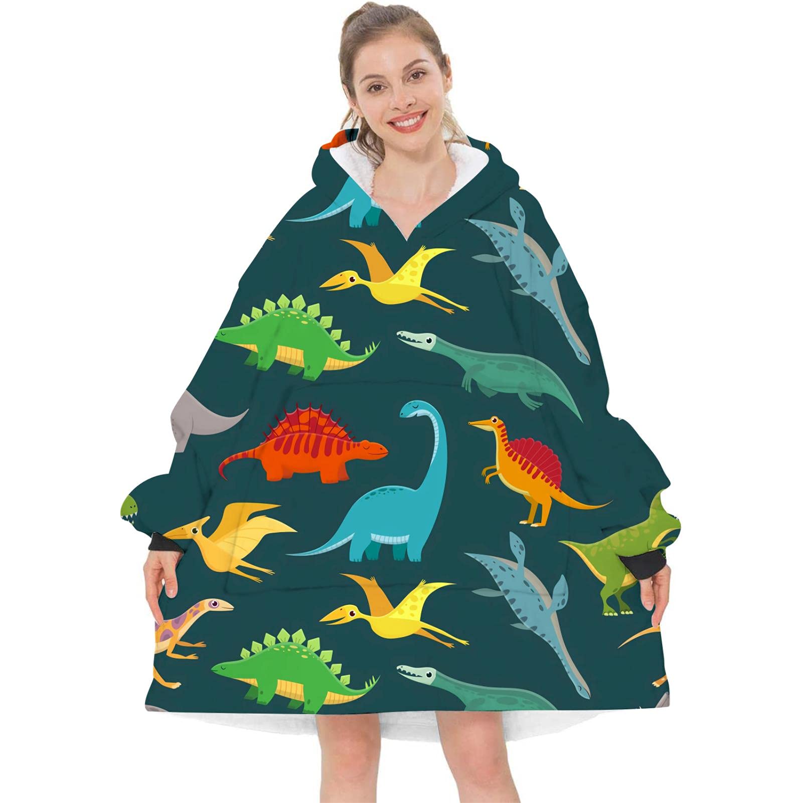 CHAVANJI Wearable Blanket Hoodie for Adults - Soft Fleece Oversized Hooded Sweatshirt for Women & Men | Cozy Cartoon Dinosaur Design | Perfect for Lounging, Netflix Nights & Winter Comfort