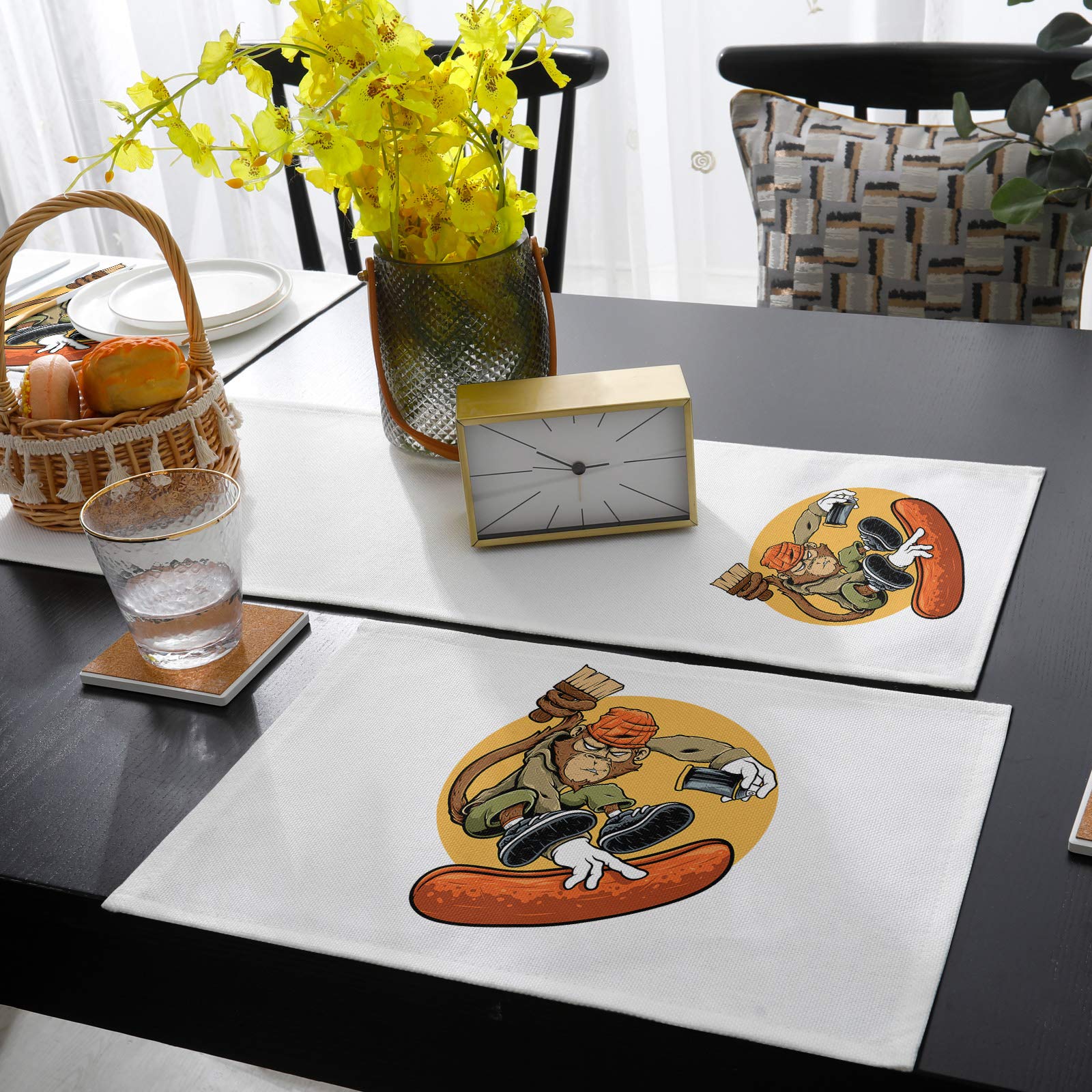 Monkey Skateboarding Placemats and Table Runner Set - Washable 6-Piece Dining Table Decor with Brush & Hat Design for Indoor/Outdoor Use - Perfect for Family Dinners, BBQs, and Party Table Settings