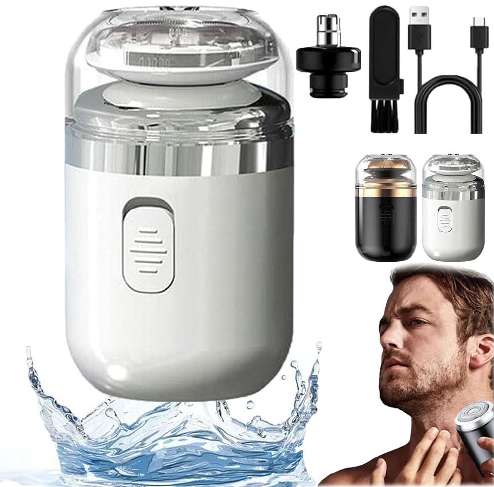 Portable Mini Electric Shaver for Men - 2-in-1 Capsule Razor with USB Rechargeable & Waterproof Design - Travel Beard Trimmer for Home, Office & Gym - Washable & Compact Personal Grooming Kit (White)