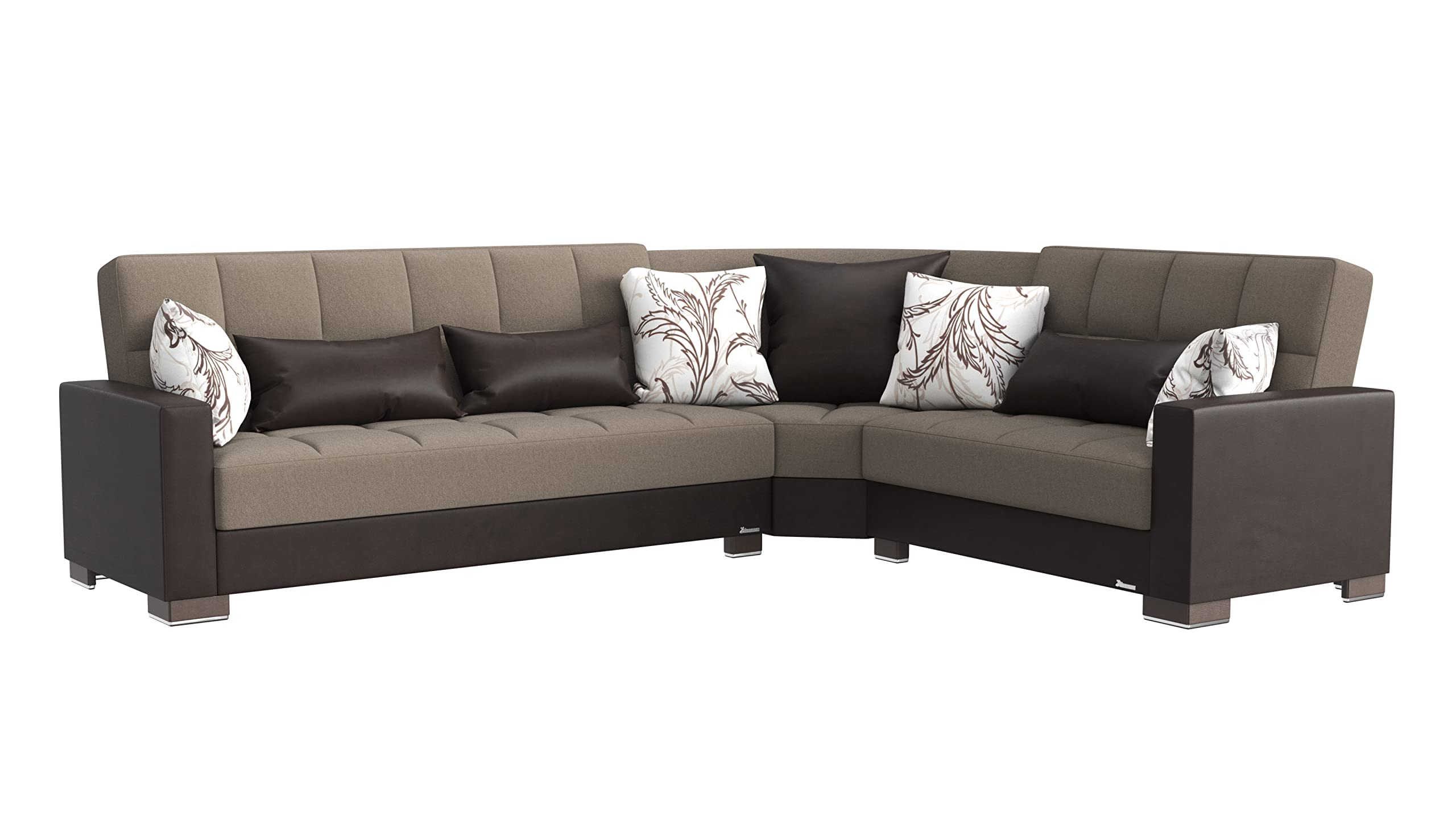Ottomanson Legacy Collection Upholstered Convertible Sofa Bed with Storage - Beige/Brown PU Leather Sectional Couch for Small Spaces & Guest Rooms