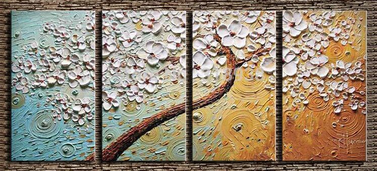 Hand Painted Knife Palette Oil Paintings on Canvas - Modern Abstract Tree Wall Art for Bedroom, Living Room, Office - 4 Piece Multi Panel Set - Affordable Home Decor