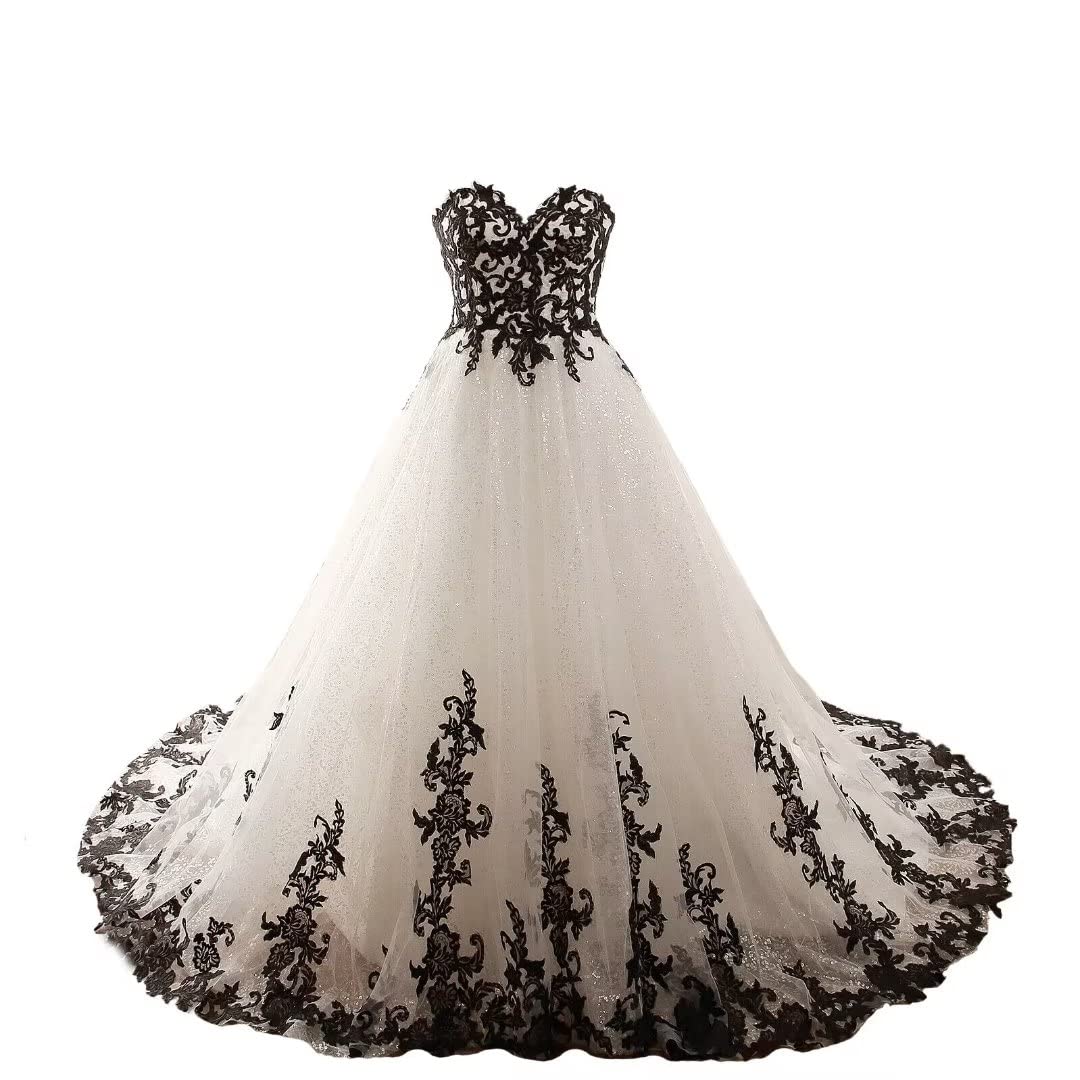 XYAYE Strapless Gothic Wedding Dress for Bride - Black Lace Bridal Gown with Brush Train & Sparkly Tulle | Perfect for Gothic, Vampire, Halloween & Alternative Weddings