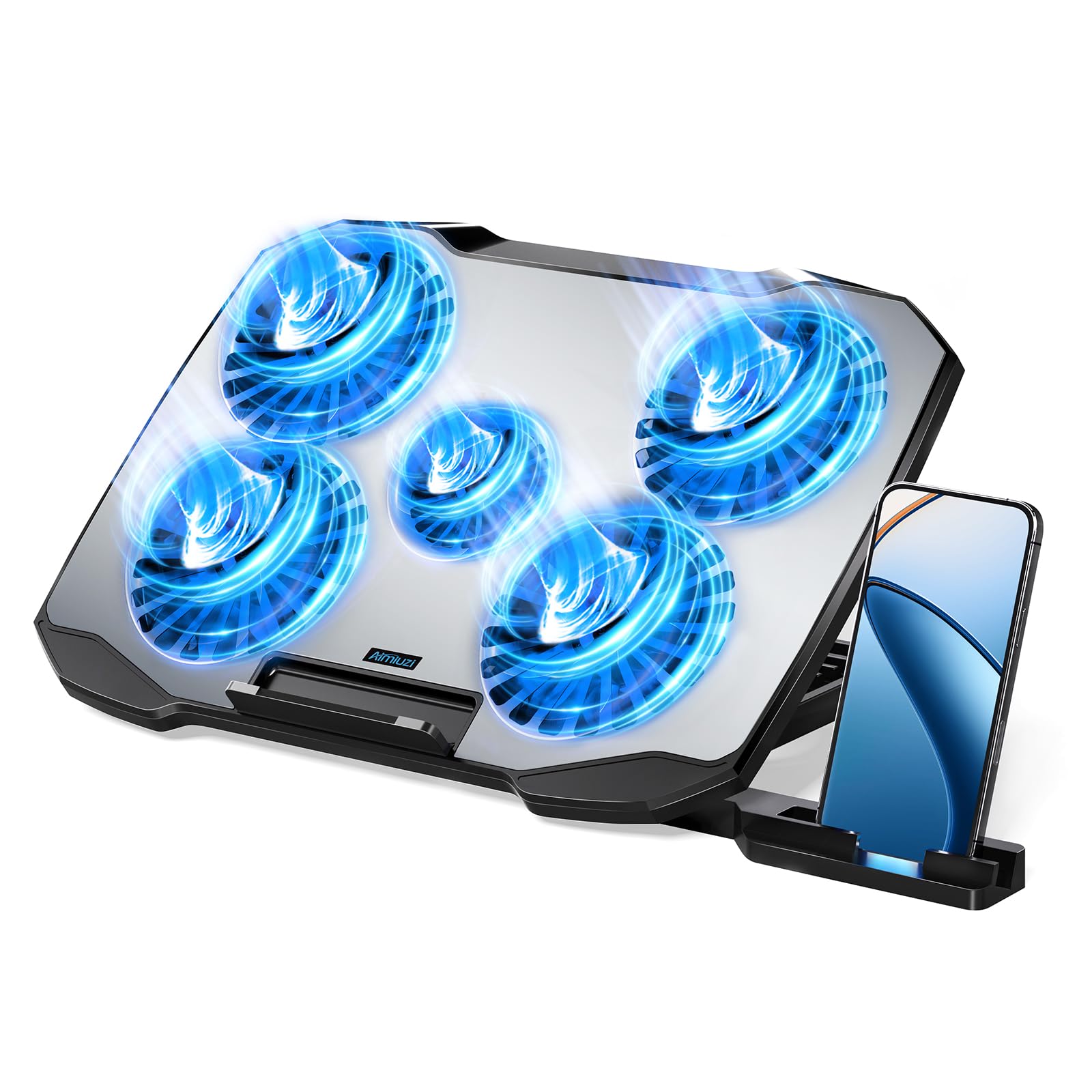 Best Laptop Cooling Pad for Gaming - 5 Quiet Fans, Adjustable Stand for 12-15.6 Inch Laptops with 2 USB Ports & Phone Holder - Perfect for Office Work, Gaming & Home Use