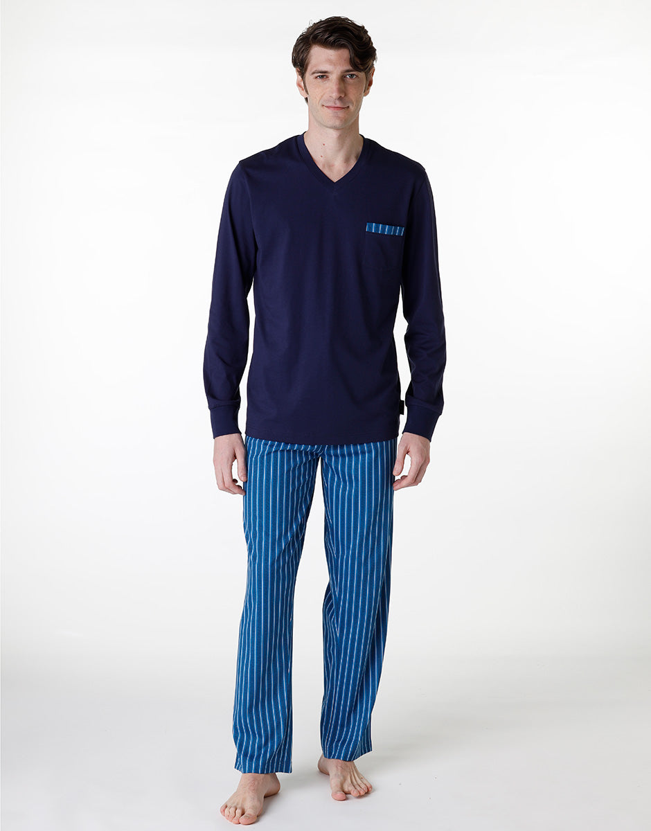 Men's Navy Blue V-Neck Long Sleeve Cotton Pajama Set - Comfortable Sleepwear for Relaxing at Home or Lounging