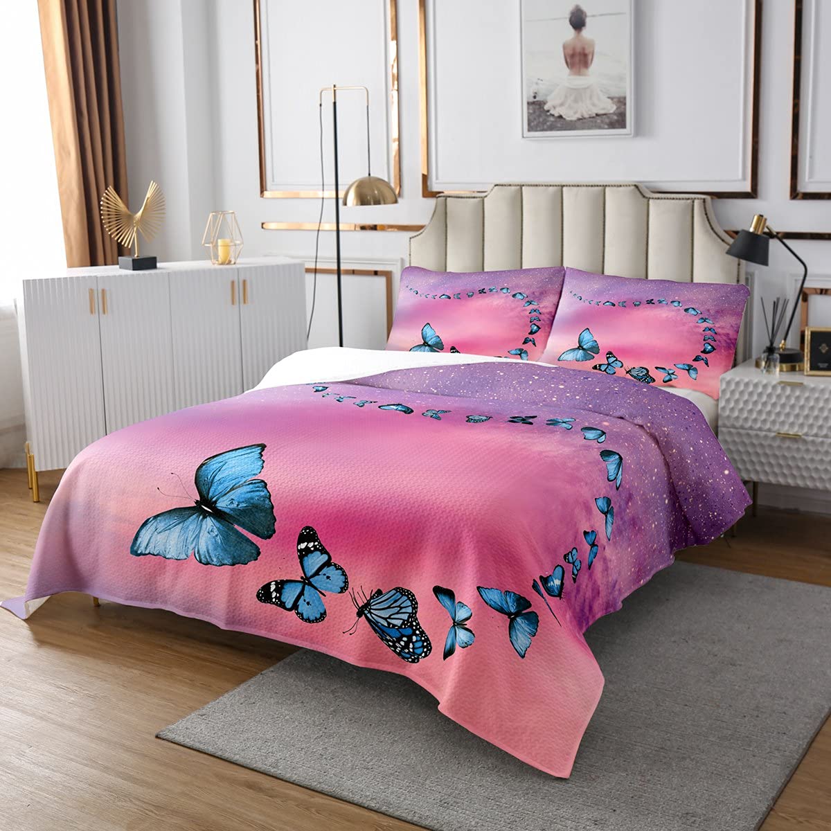 Feelyou Kids Blue Butterfly Bedspread Set - Twin Size Galaxy Themed Quilt Cover with Gradient Purple & Pink Design for Boys & Girls - Perfect for Fairy Dreamy Bedroom Decor, Birthday Gifts & Kids Room Makeover (2Pcs)