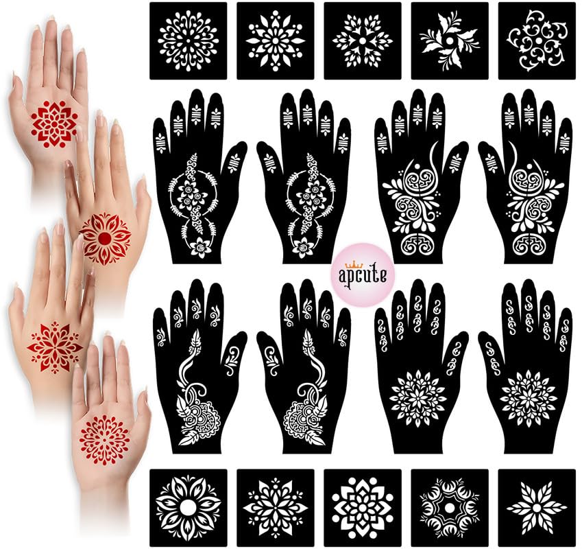 APCUTE Temporary Mehndi Tattoo Kit - 18 Piece Henna Stencil Set for Women, Girls & Kids | Easy 4-Step Application | Perfect for Weddings, Festivals & DIY Body Art