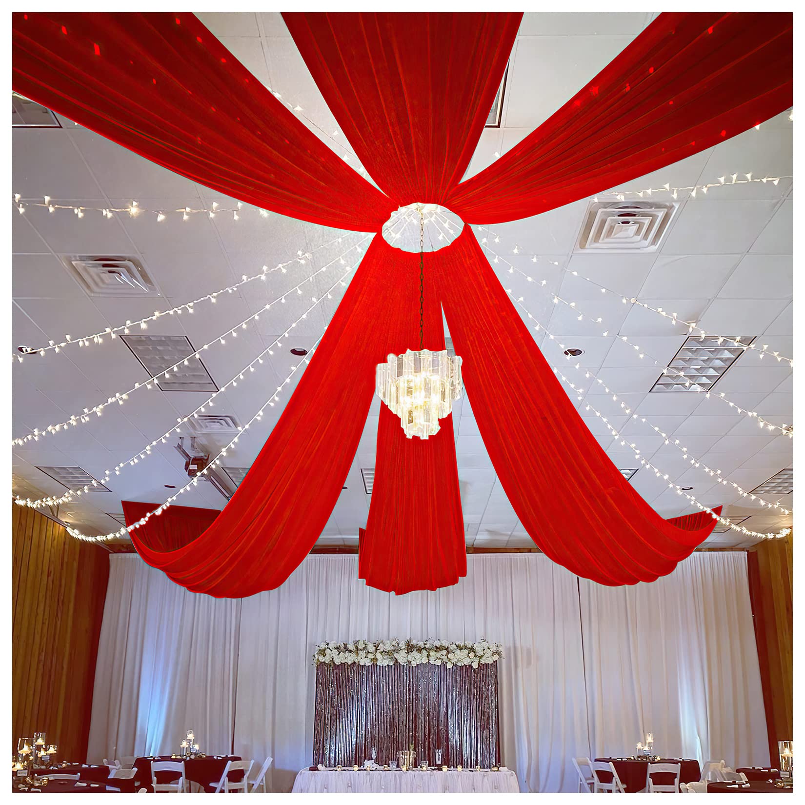 Elegant Red Chiffon Ceiling Drapes - 6 Panels 5ftx15ft Wedding Arch Draping Fabric with Rod Pocket - Perfect for Wedding Decor, Party Backdrops & Home Decoration