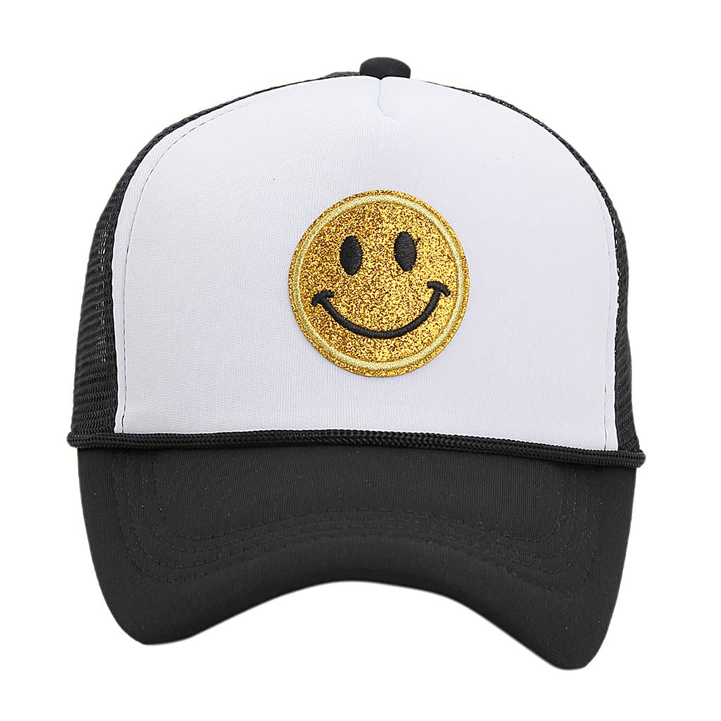 JXAMA Fashion Glitter Smiley Face Trucker Hat - Adjustable Snapback Foam Mesh Cap for Men & Women - Perfect for Music Festivals, Parties, and Casual Outfits