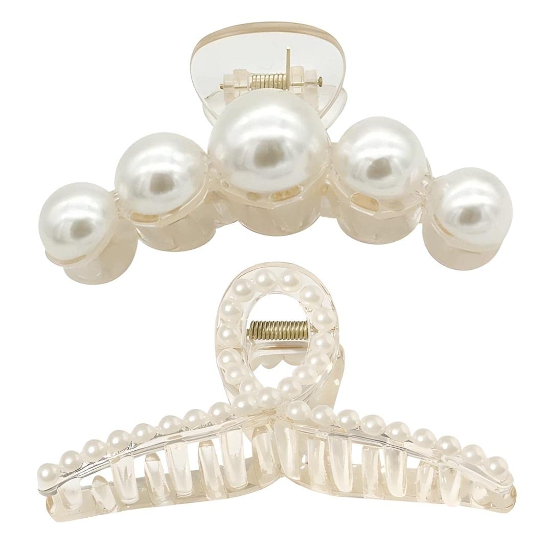 Korean Hair Claw Clip for Thick Hair - Shark Pearl Mix (2 Pack) for Women & Girls